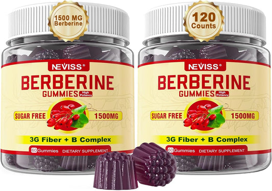 NEVISS Berberine 1500mg Gummies with Prebiotic Fiber and B Vitamins - Sugar Free Immune Support Supplement for Men and Women, 2 Pack 120 Ct