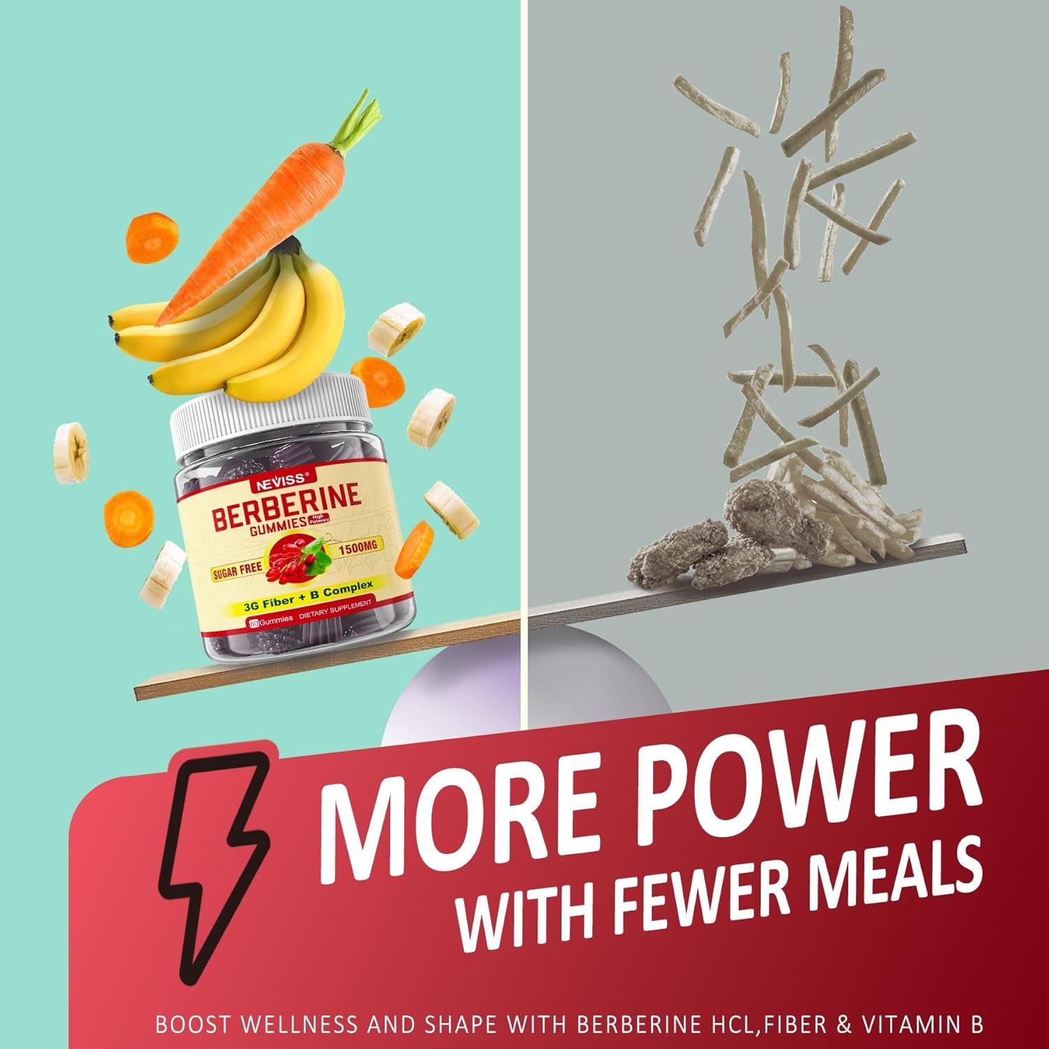 NEVISS Berberine 1500mg Gummies with Prebiotic Fiber and B Vitamins - Sugar Free Immune Support Supplement for Men and Women, 2 Pack 120 Ct