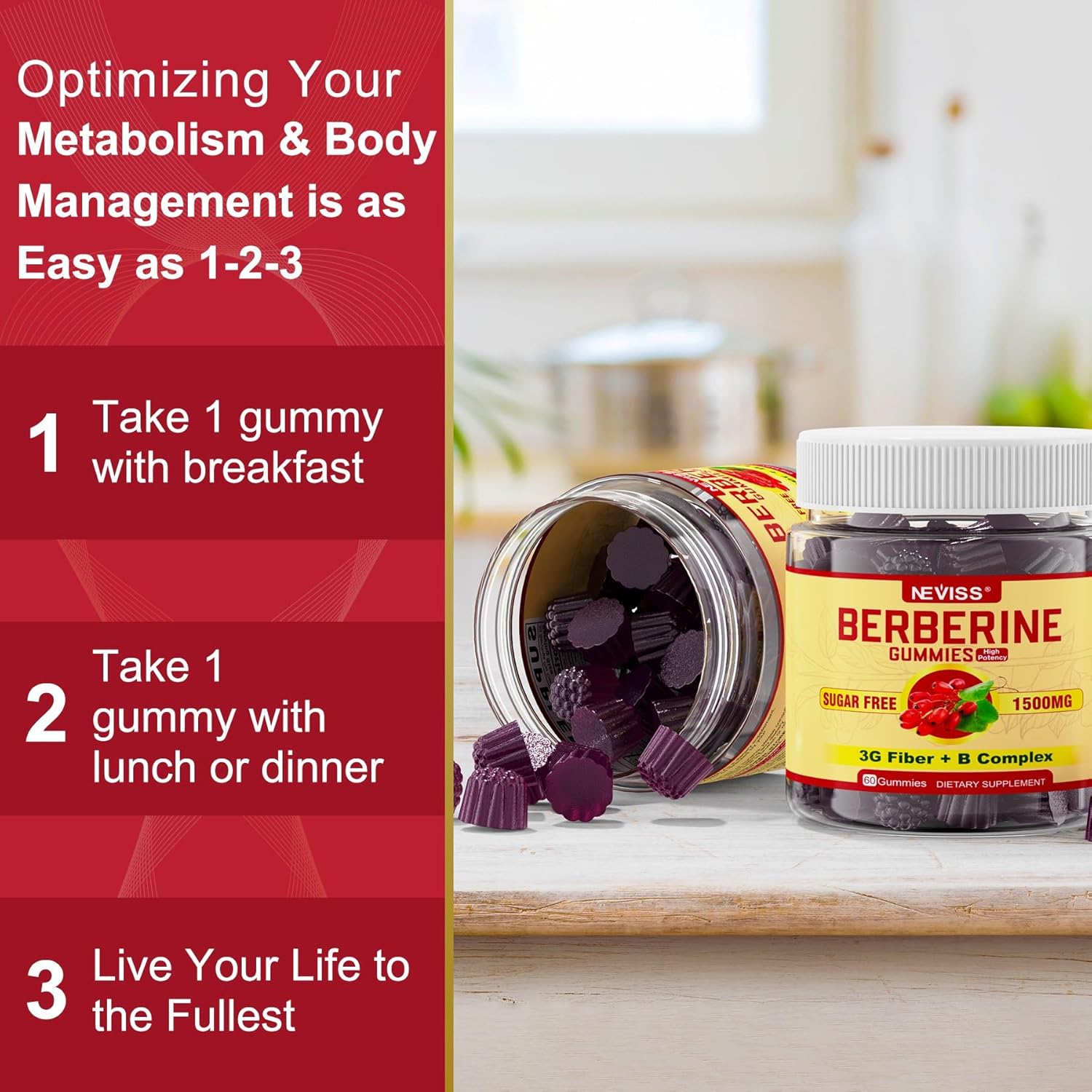 NEVISS Berberine 1500mg Gummies with Prebiotic Fiber and B Vitamins - Sugar Free Immune Support Supplement for Men and Women, 2 Pack 120 Ct