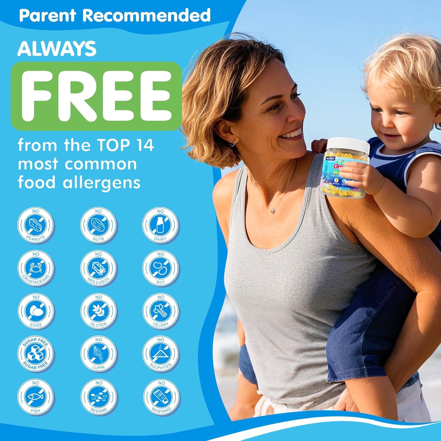 Neviss Kids Omega 3 Gummies with Calcium, Vitamin D3 & K2, C - Focus, Memory, Bone Growth & Immune Support - Non-Fish Taste, Non-GMO - 2 Pack