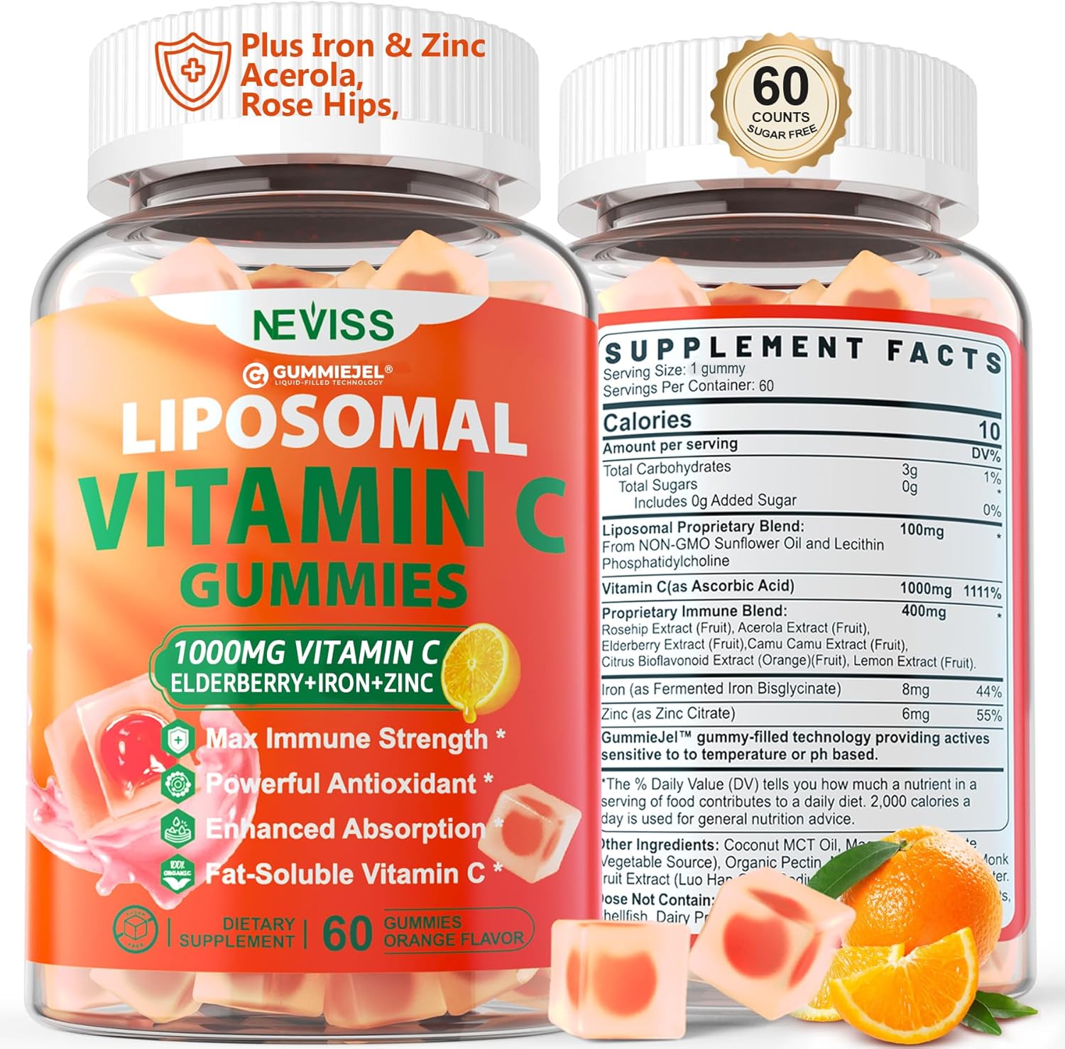 NEVISS Liposomal Vitamin C 1000mg Gummies with Iron, Zinc, Elderberry - Immune Support & Energy Boost - Collagen Booster, 1Pack Sugar Free