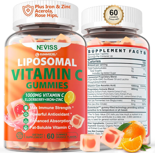 NEVISS Liposomal Vitamin C 1000mg Gummies with Iron, Zinc, Elderberry - Immune Support & Energy Boost - Collagen Booster, 1Pack Sugar Free