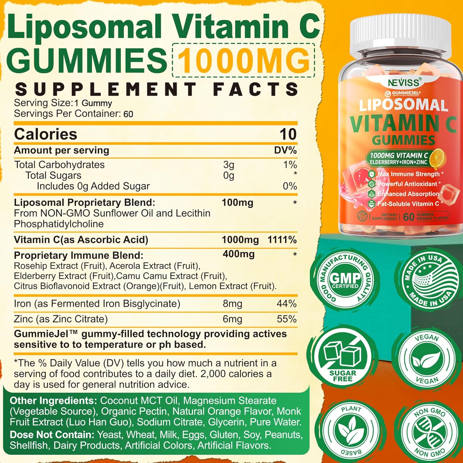 NEVISS Liposomal Vitamin C 1000mg Gummies with Iron, Zinc, Elderberry - Immune Support & Energy Boost - Collagen Booster, 1Pack Sugar Free