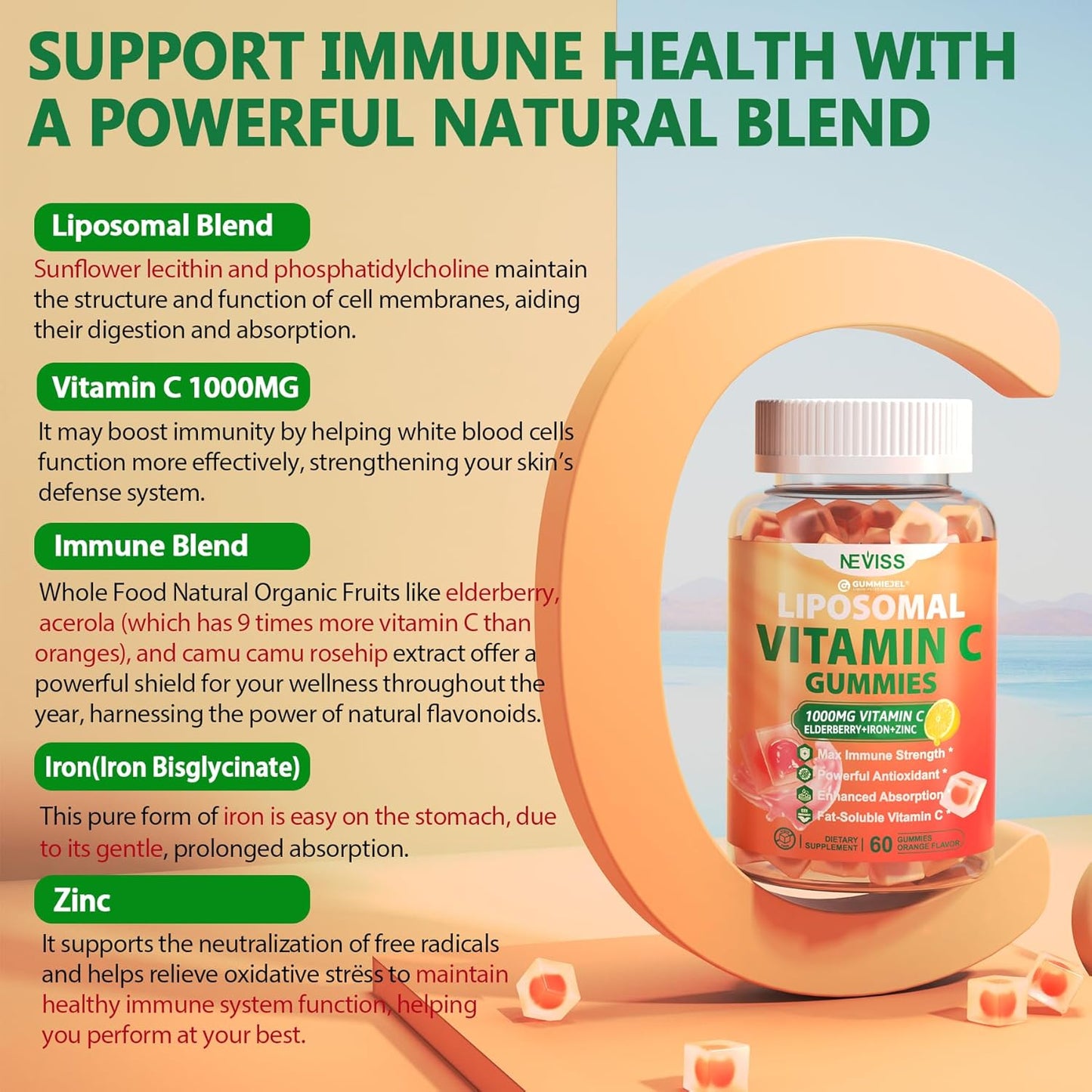 NEVISS Liposomal Vitamin C 1000mg Gummies with Iron, Zinc, Elderberry - Immune Support & Energy Boost - Collagen Booster, 1Pack Sugar Free