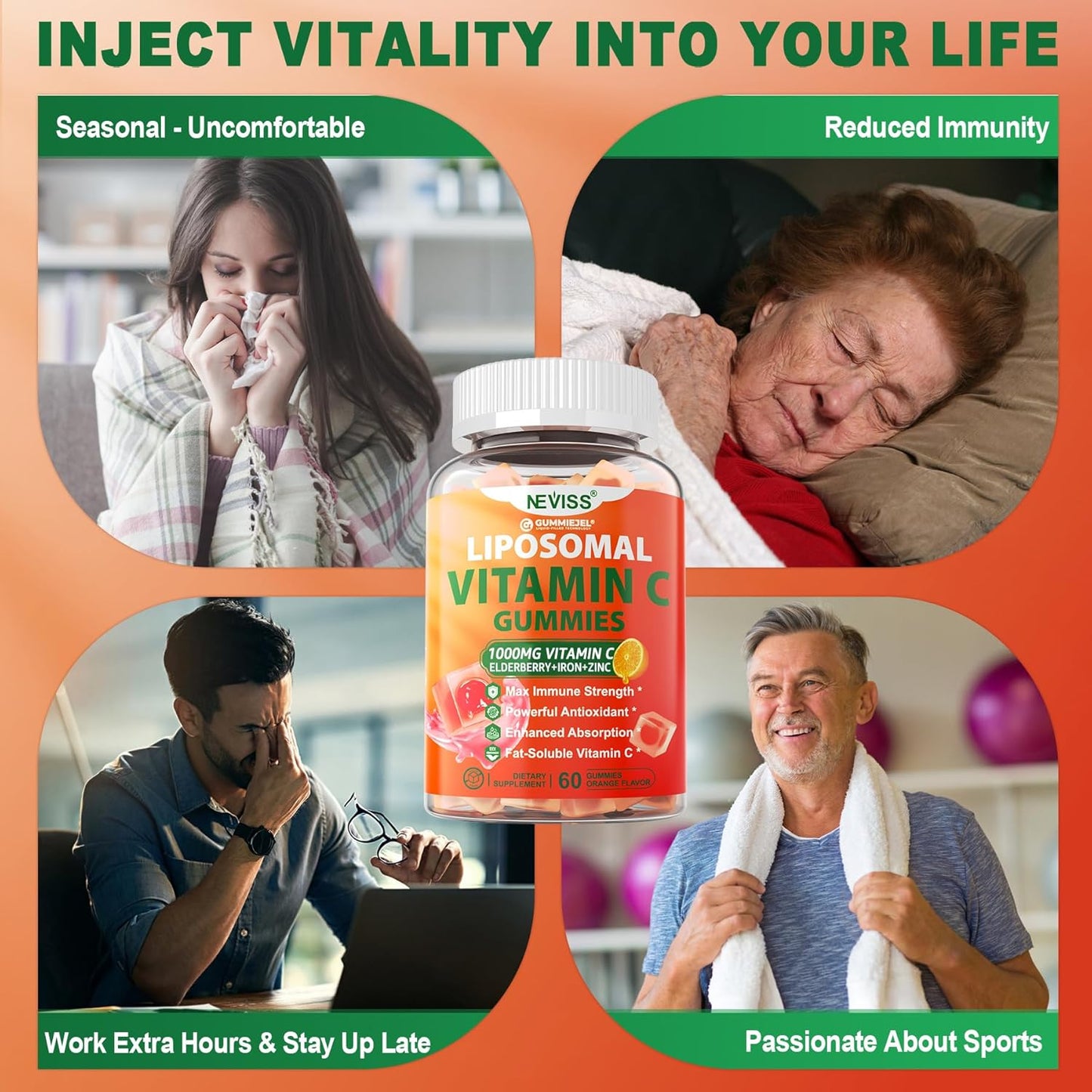NEVISS Liposomal Vitamin C 1000mg Gummies with Iron, Zinc, Elderberry - Immune Support & Energy Boost - Collagen Booster, 1Pack Sugar Free