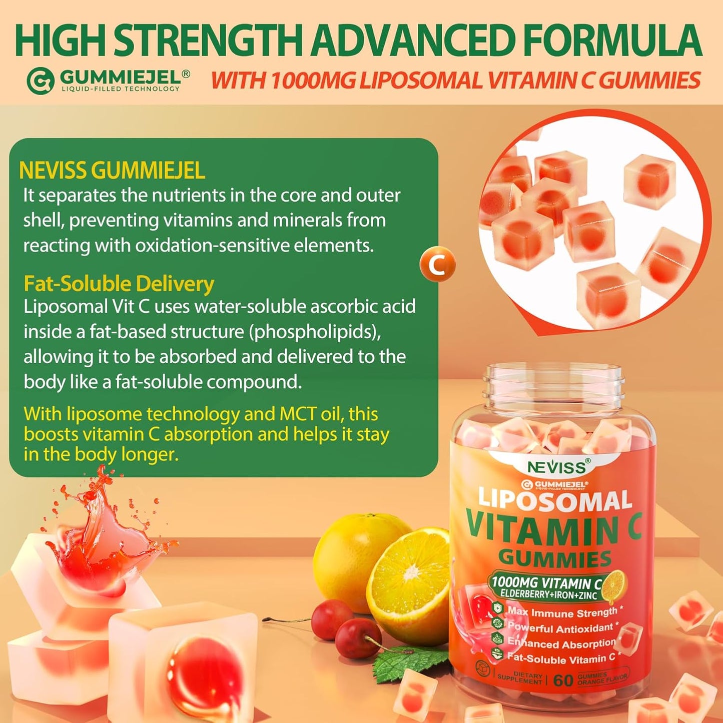 NEVISS Liposomal Vitamin C 1000mg Gummies with Iron, Zinc, Elderberry - Immune Support & Energy Boost - Collagen Booster, 1Pack Sugar Free