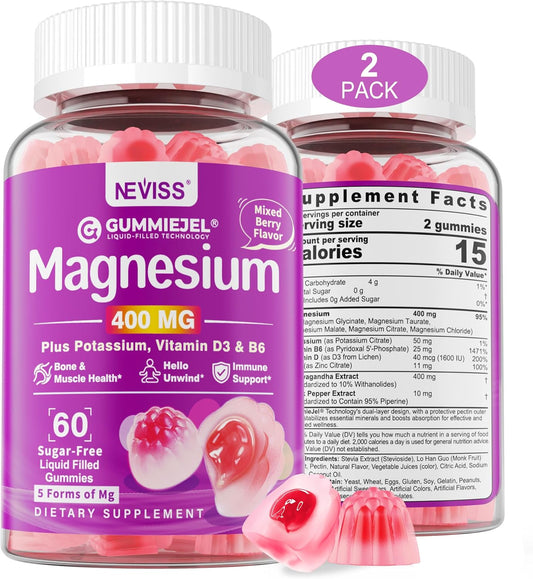 NEVISS Magnesium Gummies 400mg with Ashwagandha, Vitamin D3, Zinc - Muscle, Mood, Energy Support - Sugar Free - 2Pack