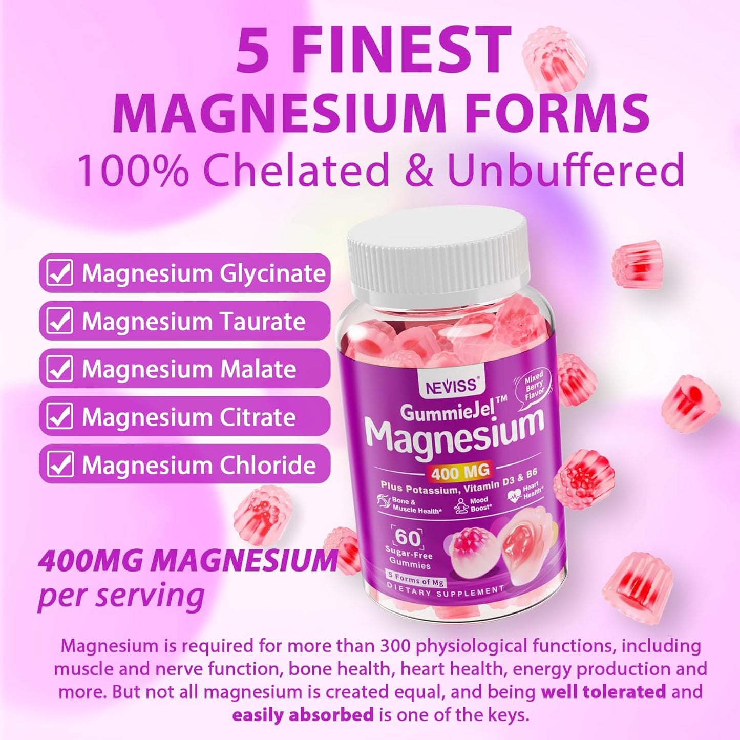 NEVISS Magnesium Gummies 400mg with Ashwagandha, Vitamin D3, Zinc - Muscle, Mood, Energy Support - Sugar Free - 2Pack