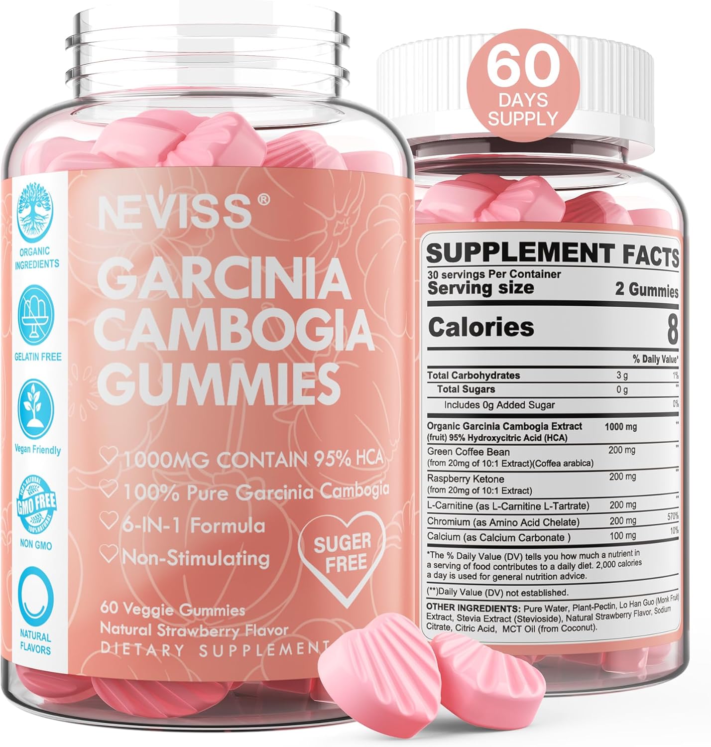 NEVISS Sugar Free Garcinia Cambogia Gummies 1000mg 95% HCA with L-Carnitine, Raspberry Ketone, Chromium, Green Coffee Bean - Metabolism & Energy Boost - 100% Organic Extract - Vegan - Strawberry - 120 Cts