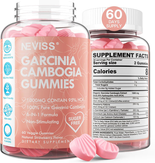 NEVISS Sugar Free Garcinia Cambogia Gummies 1000mg 95% HCA with L-Carnitine, Raspberry Ketone, Chromium, Green Coffee Bean - Metabolism & Energy Boost - 100% Organic Extract - Vegan - Strawberry - 120 Cts