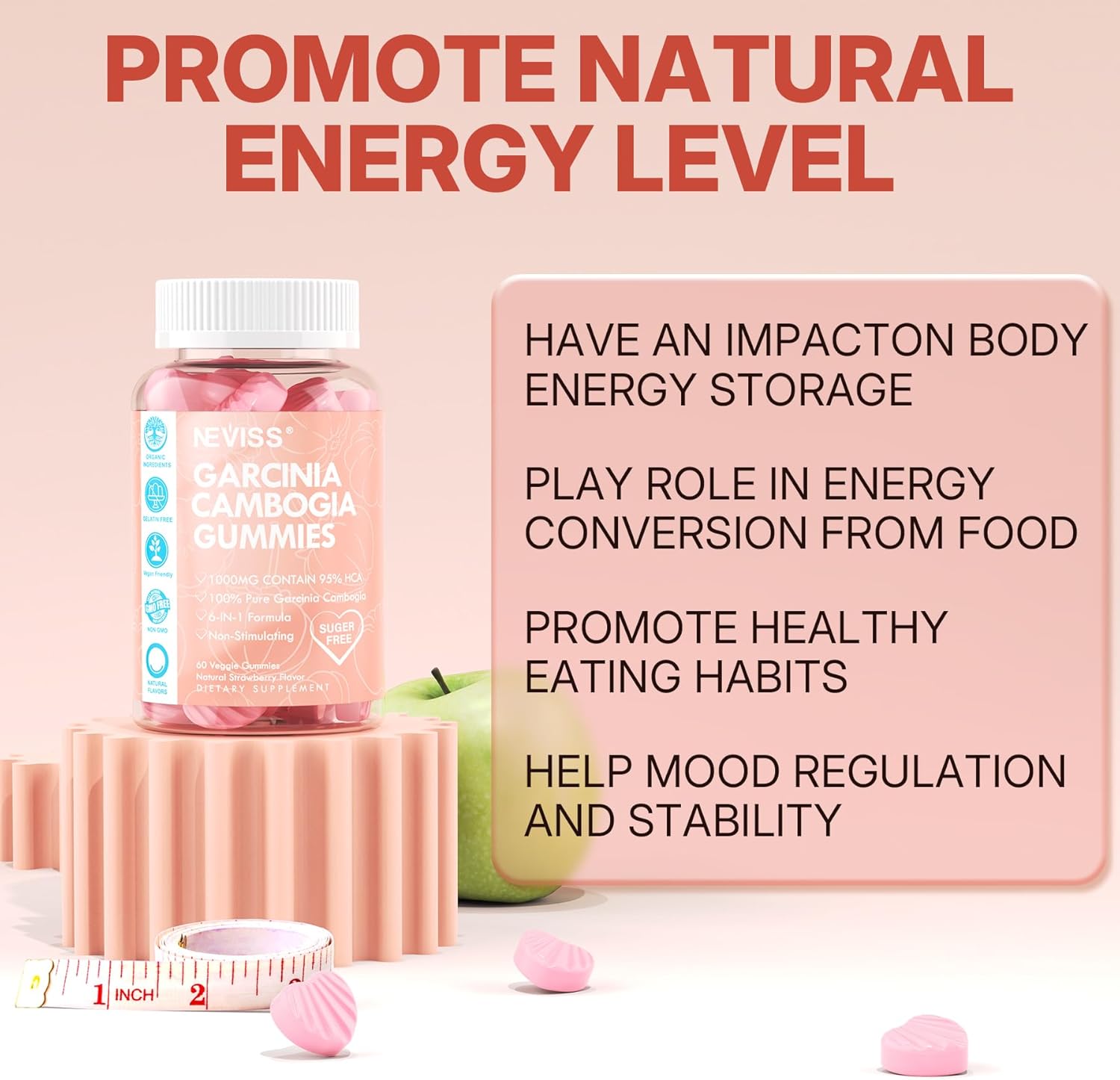 NEVISS Sugar Free Garcinia Cambogia Gummies 1000mg 95% HCA with L-Carnitine, Raspberry Ketone, Chromium, Green Coffee Bean - Metabolism & Energy Boost - 100% Organic Extract - Vegan - Strawberry - 120 Cts