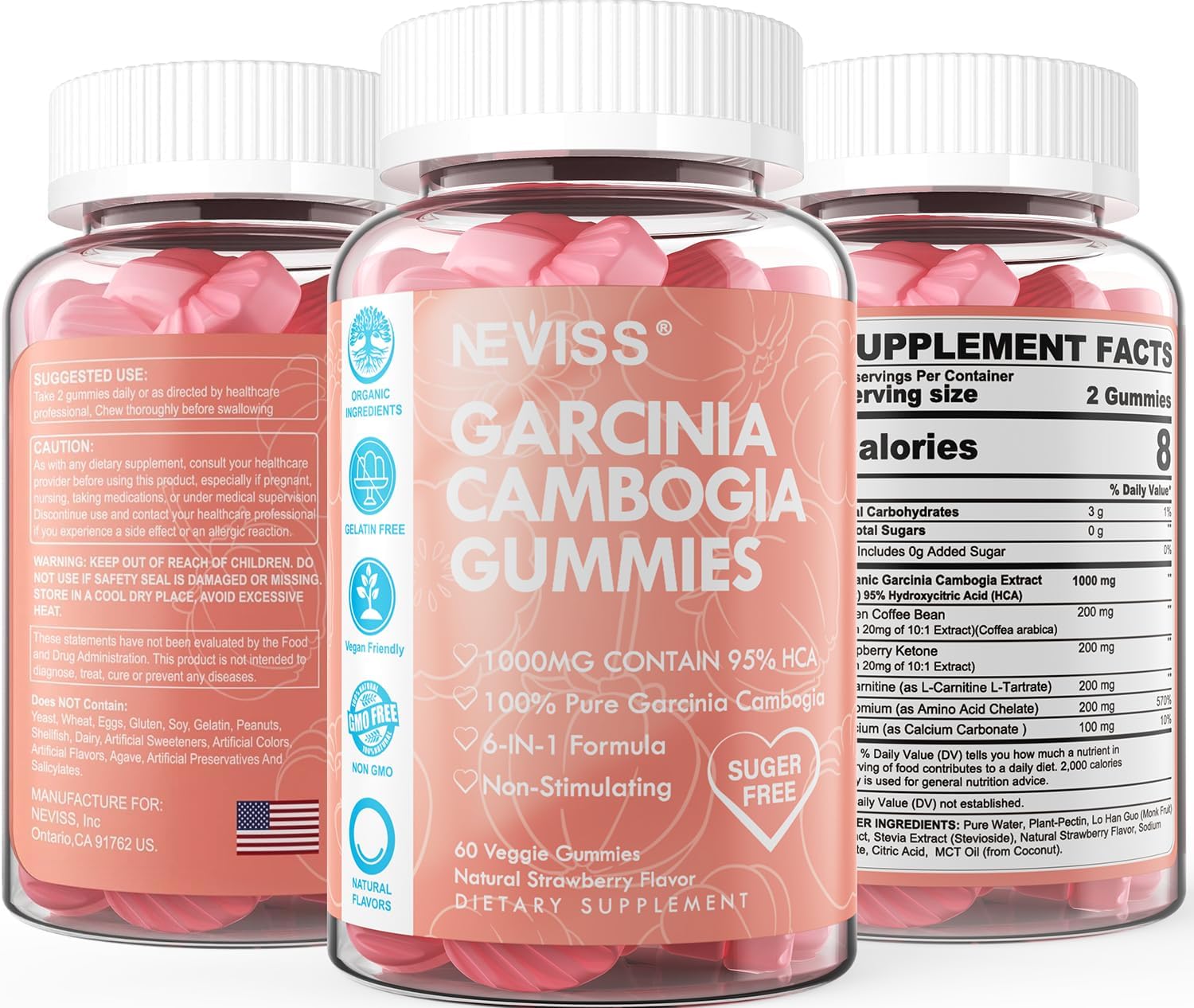 NEVISS Sugar Free Garcinia Cambogia Gummies 1000mg 95% HCA with L-Carnitine, Raspberry Ketone, Chromium, Green Coffee Bean - Metabolism & Energy Boost - 100% Organic Extract - Vegan - Strawberry - 120 Cts