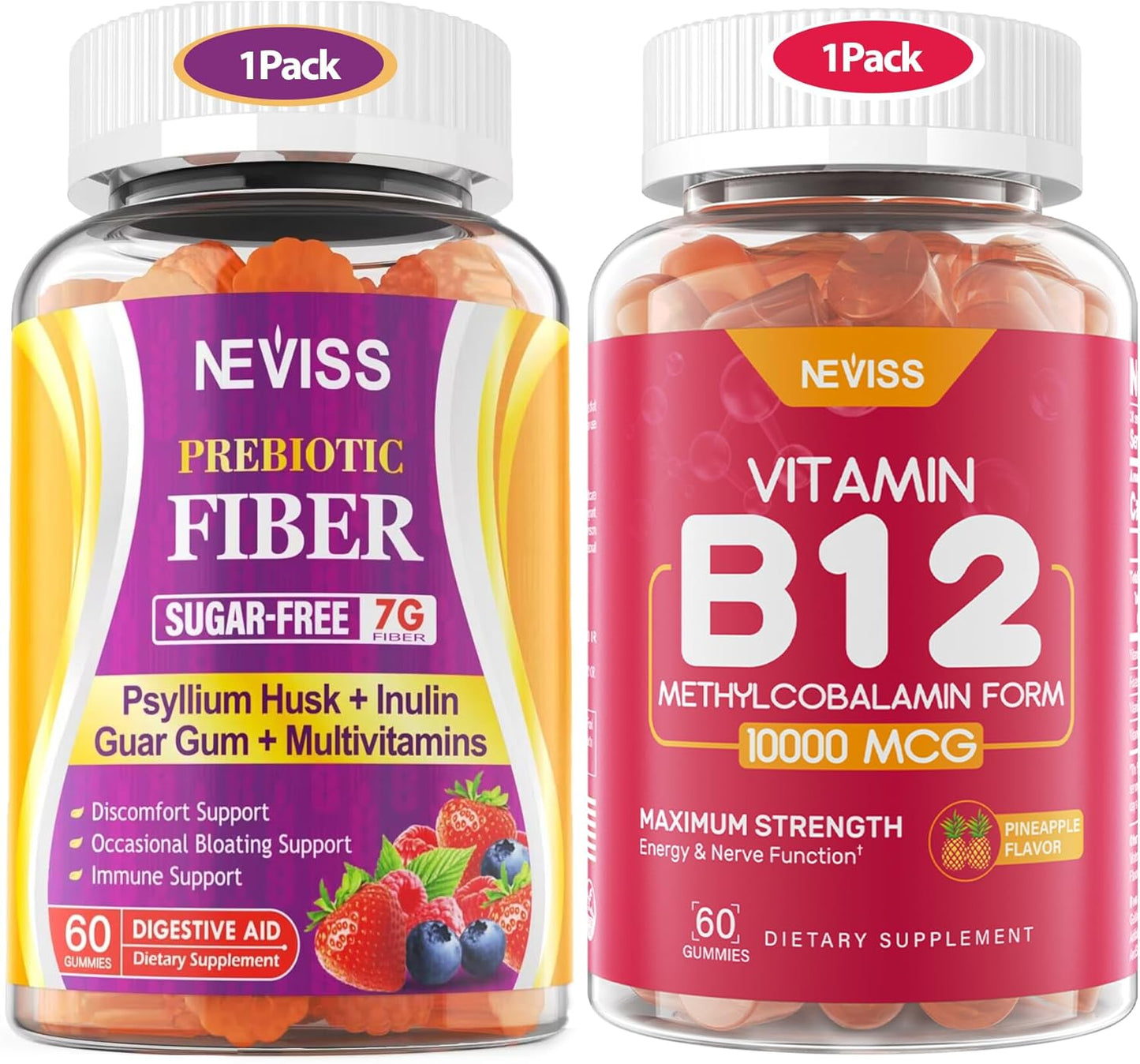 NEVISS Sugar Free Psyllium Husk Prebiotic Fiber Gummies with Multivitamins - High Fiber & Prebiotic Blend with Vitamin B12, D3, Folate, C