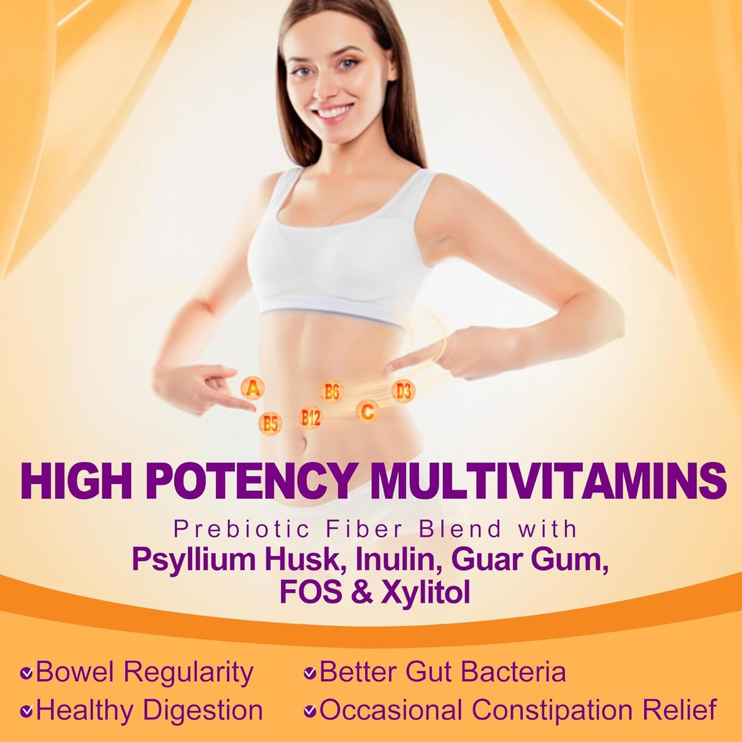 NEVISS Sugar Free Psyllium Husk Prebiotic Fiber Gummies with Multivitamins - High Fiber & Prebiotic Blend with Vitamin B12, D3, Folate, C