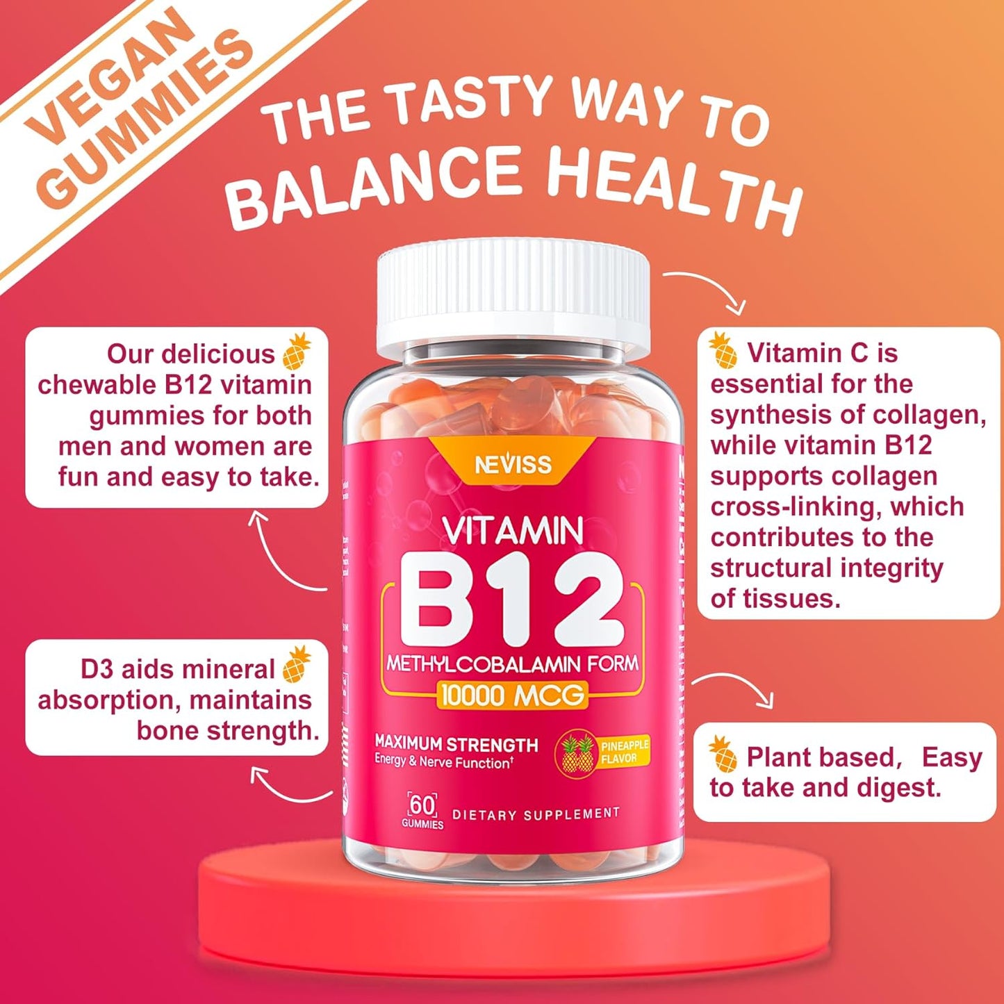NEVISS Sugar Free Psyllium Husk Prebiotic Fiber Gummies with Multivitamins - High Fiber & Prebiotic Blend with Vitamin B12, D3, Folate, C