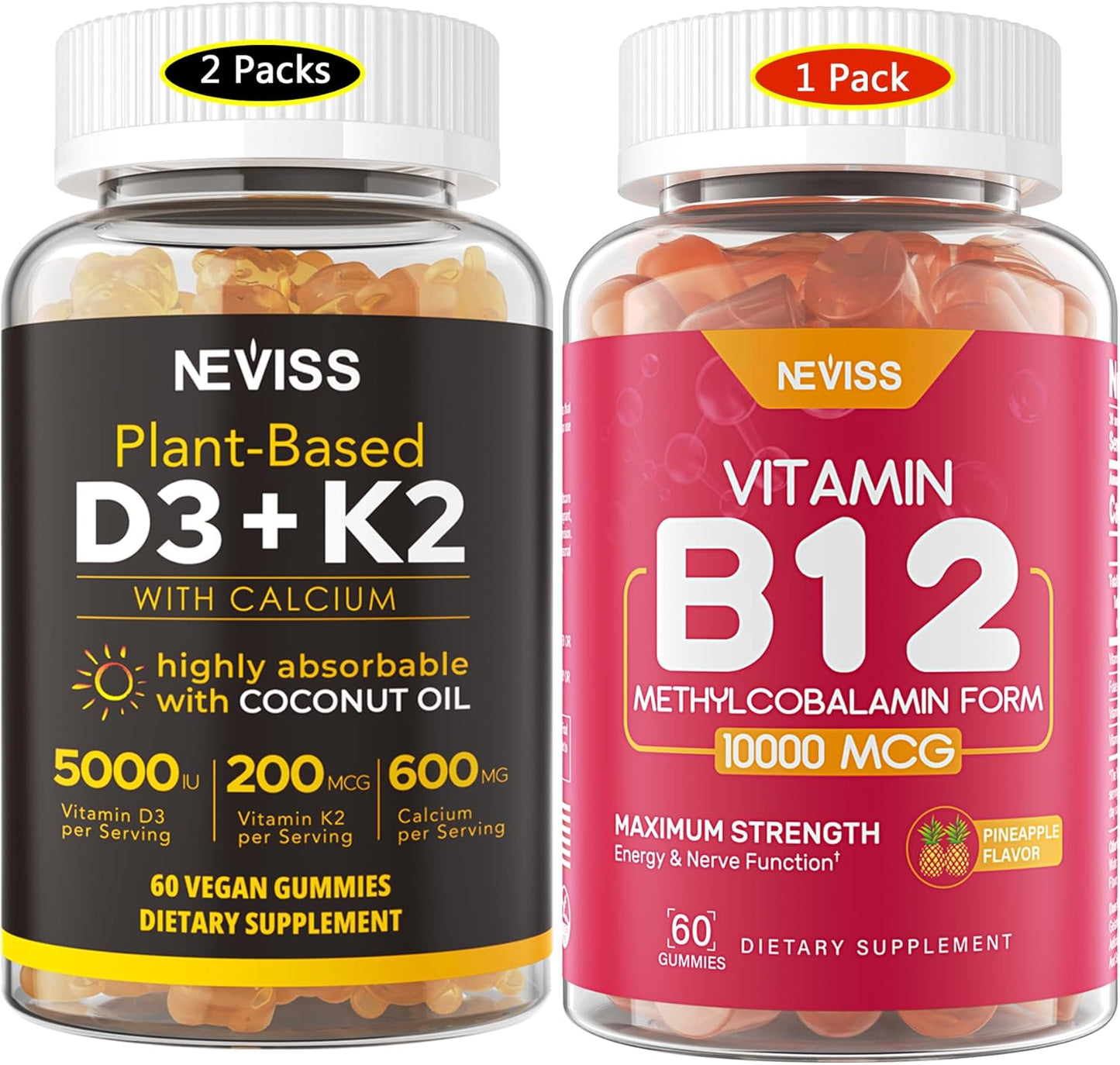 NEVISS Vitamin D3 + K2 Gummies 5000IU with Calcium 600mg, Coconut Oil, Vegan - Immune & Bone Support Supplement