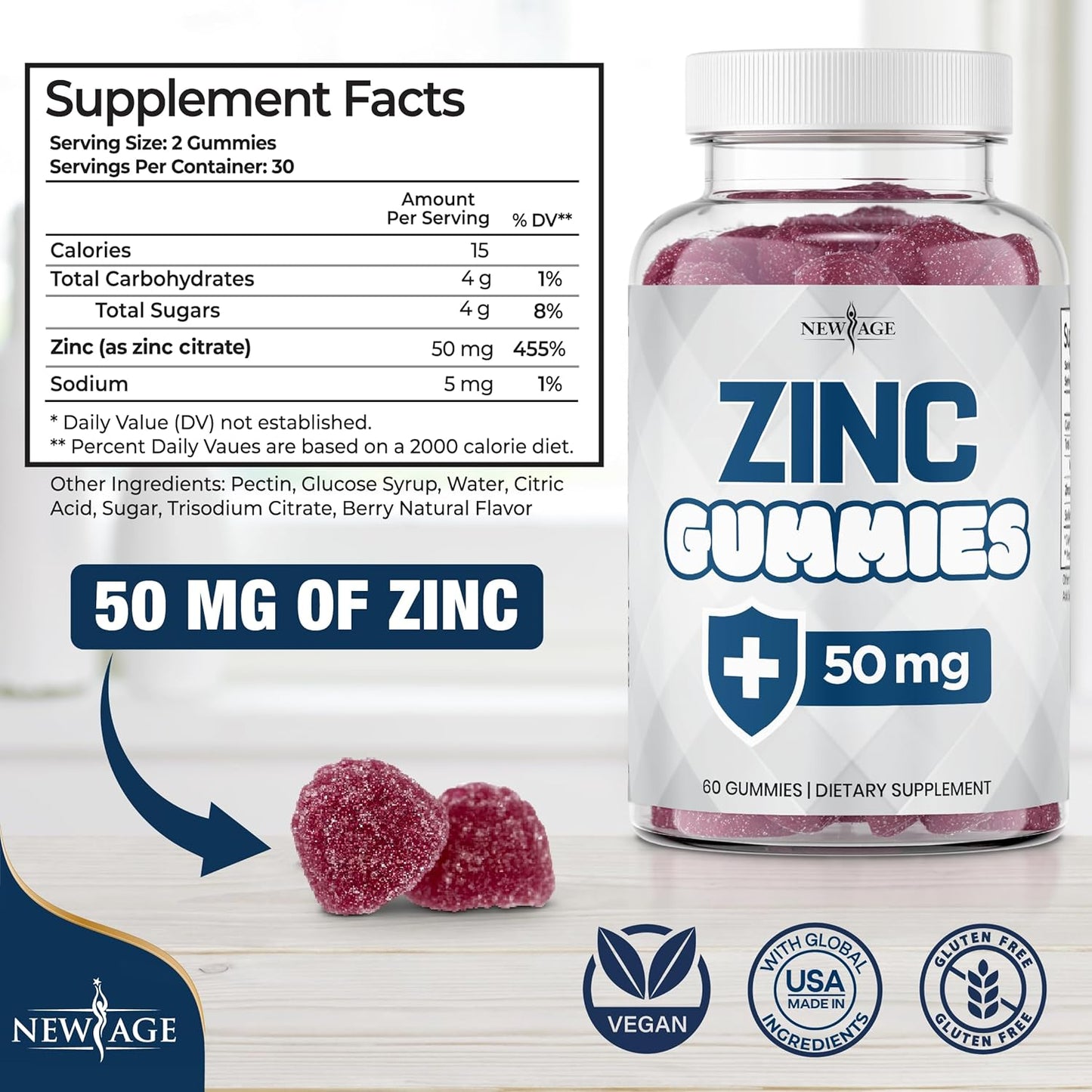 New Age Zinc Gummies - 50mg Immune Support Supplement with Natural Antioxidants - 60 Count Pack