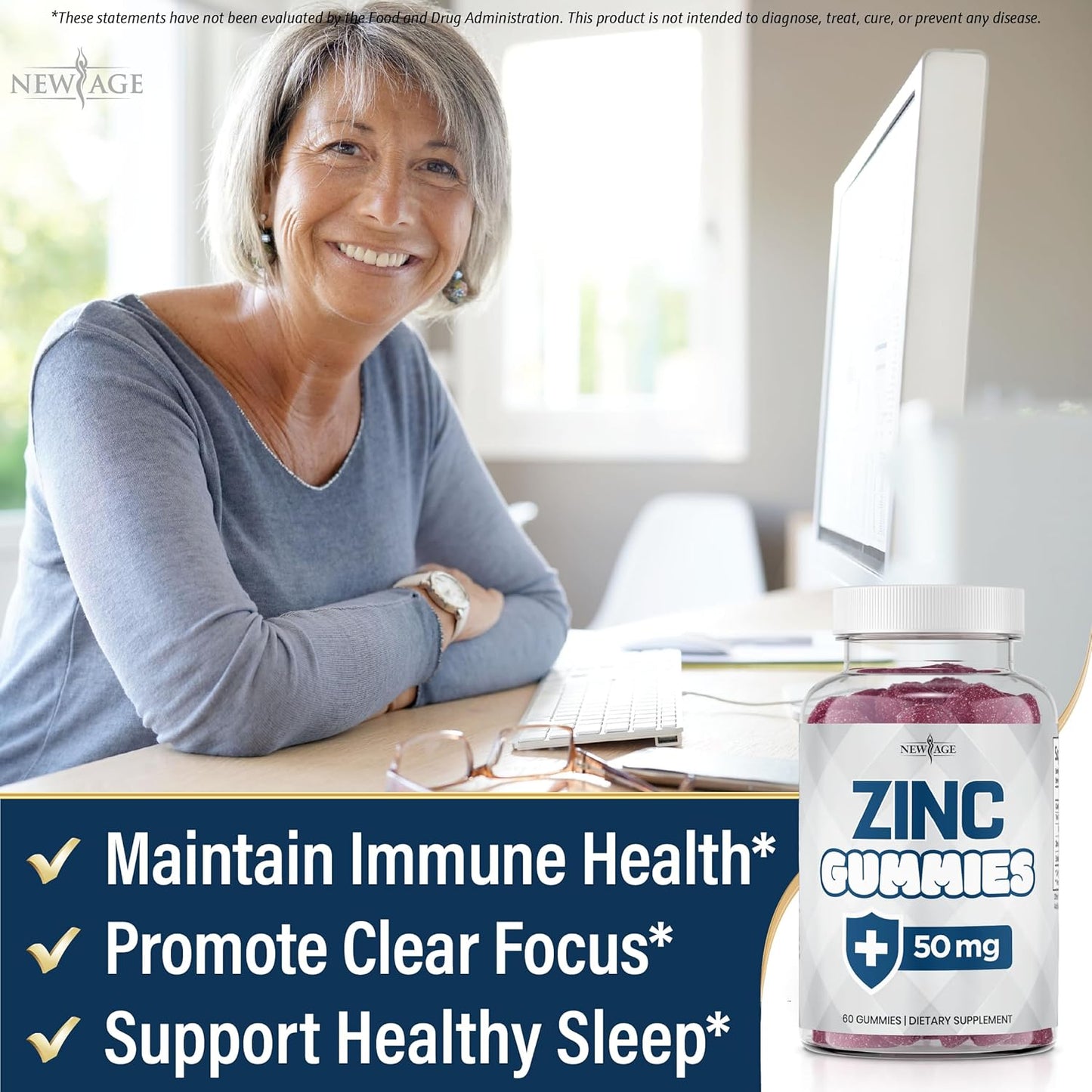 New Age Zinc Gummies - 50mg Immune Support Supplement with Natural Antioxidants - 60 Count Pack