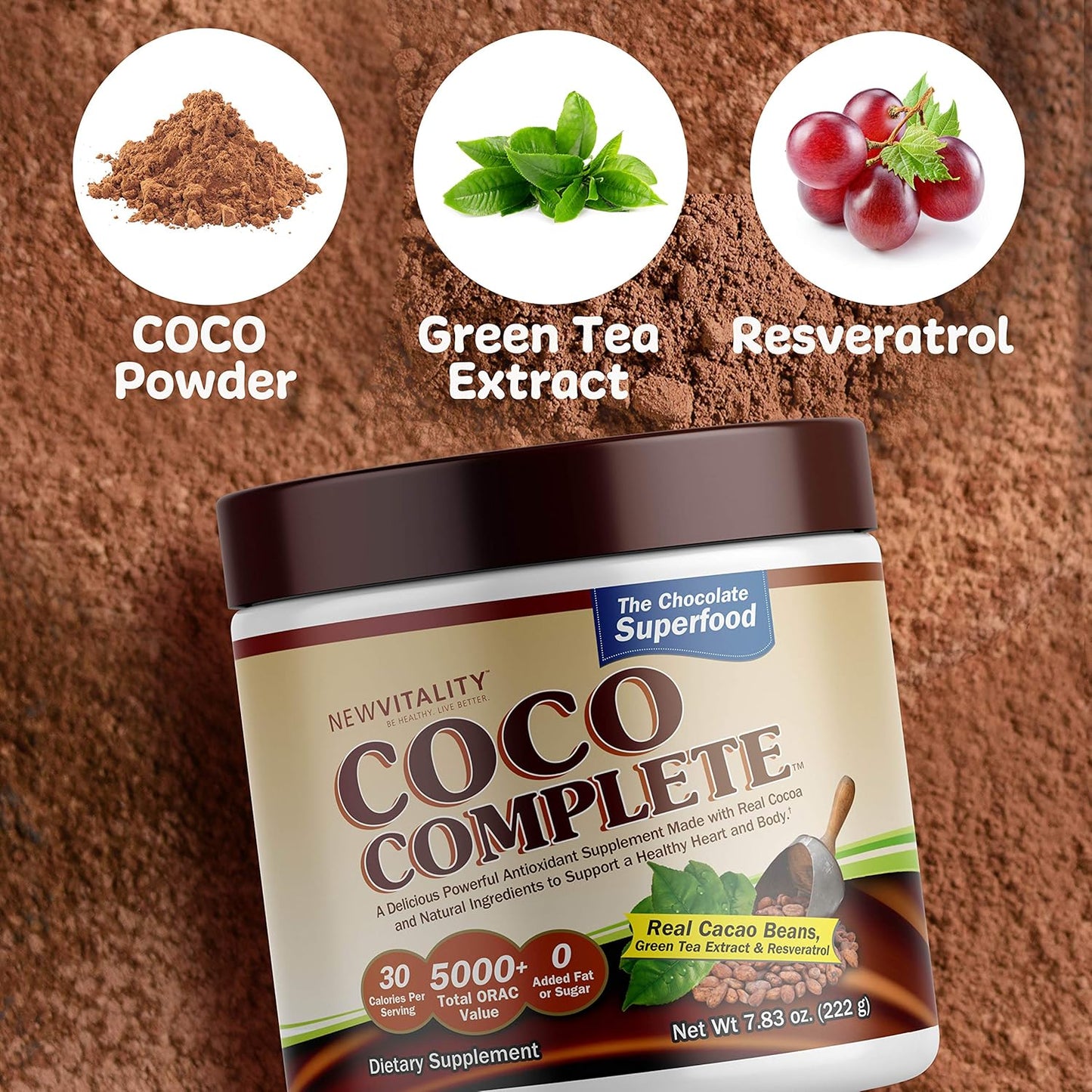 New Vitality Coco Complete: Immune System Boosting Superfood Powder with Green Tea Extract - Chocolate Flavor, 30 Servings