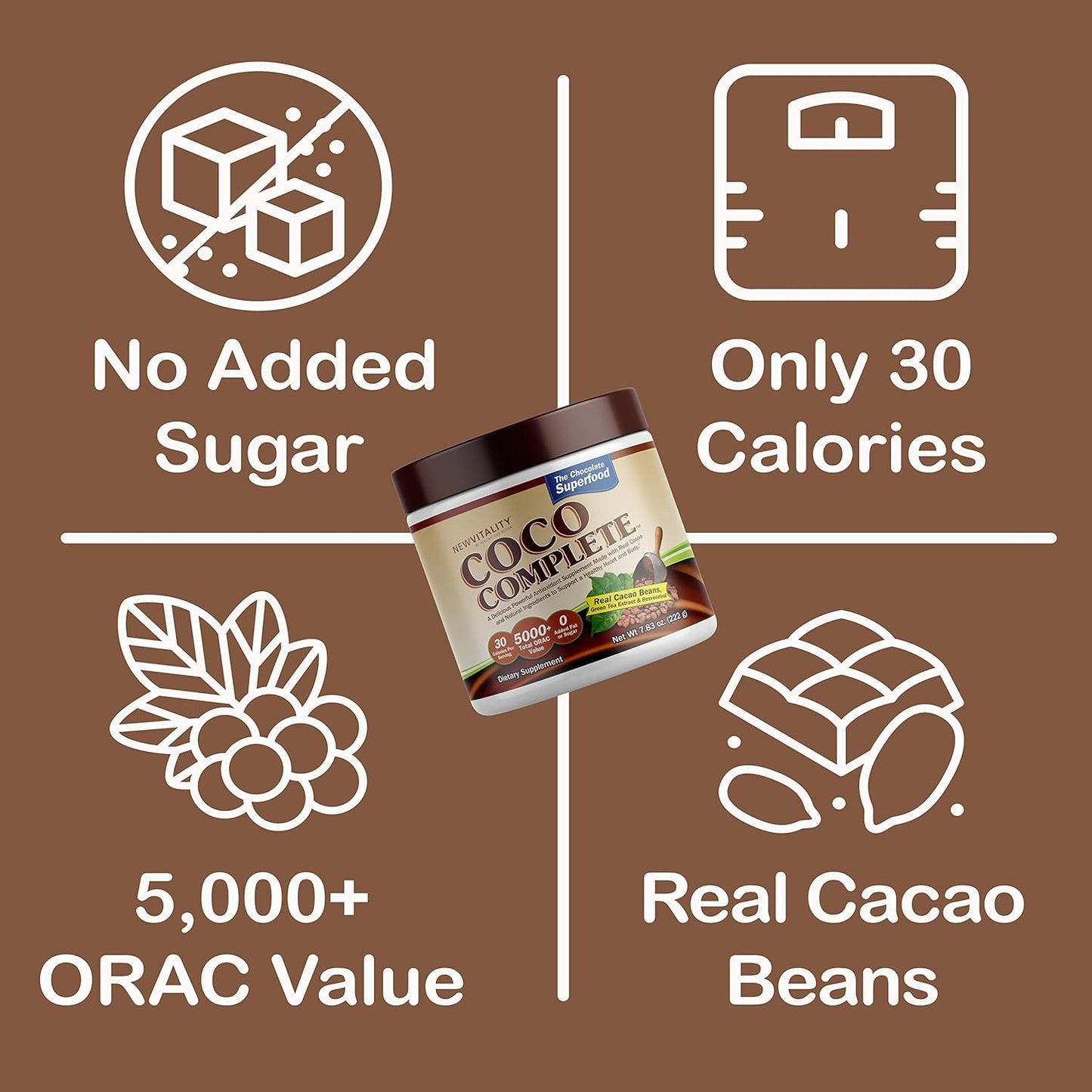 New Vitality Coco Complete: Immune System Boosting Superfood Powder with Green Tea Extract - Chocolate Flavor, 30 Servings