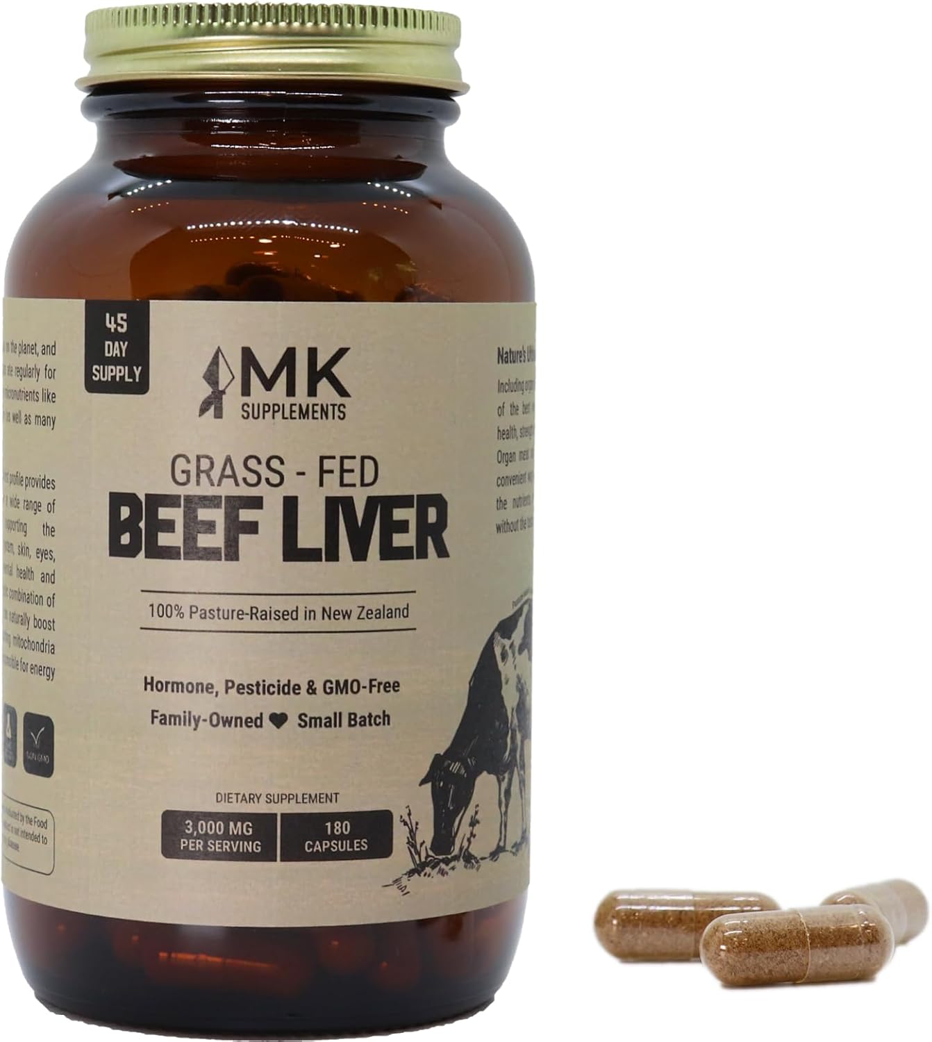 New Zealand Grass-Fed Beef Liver Capsules - 3000mg, 100% Pasture-Raised, Freeze-Dried, 180ct - MK Supplements