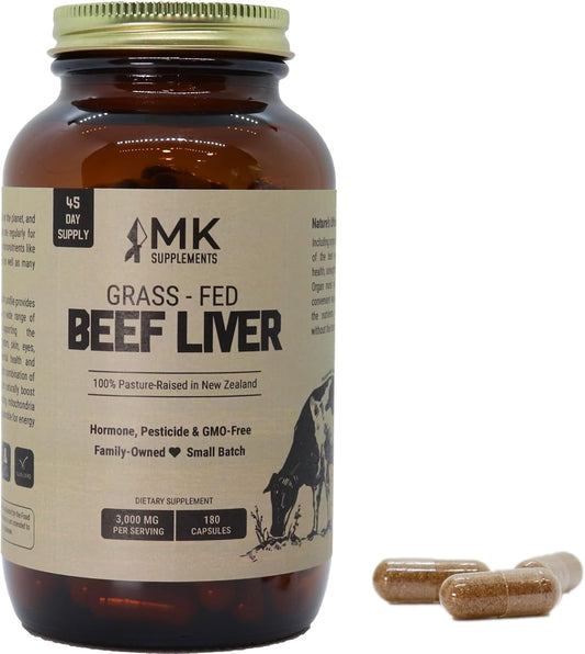 New Zealand Grass-Fed Beef Liver Capsules - 3000mg, 100% Pasture-Raised, Freeze-Dried, 180ct - MK Supplements