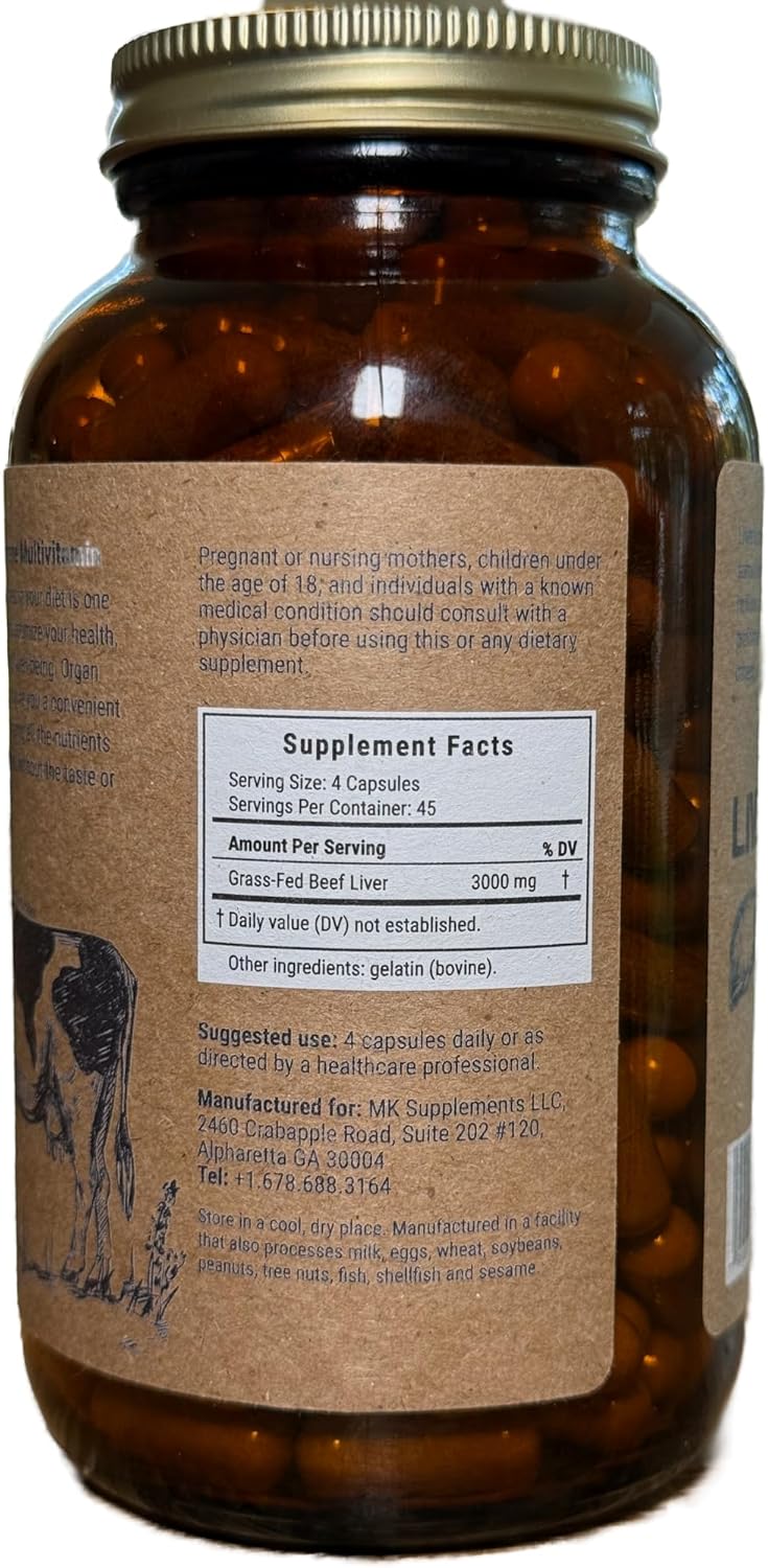 New Zealand Grass-Fed Beef Liver Capsules - 3000mg, 100% Pasture-Raised, Freeze-Dried, 180ct - MK Supplements