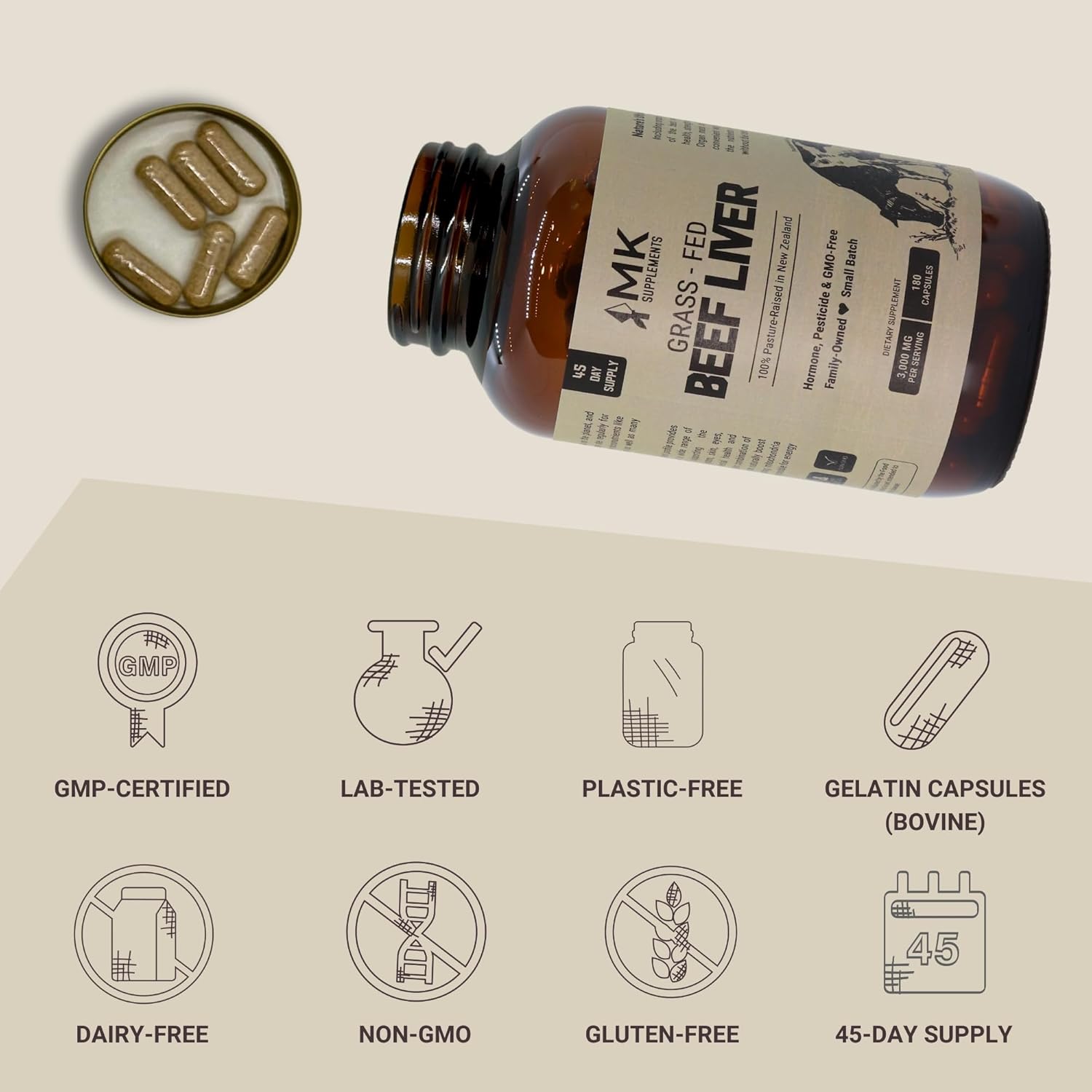 New Zealand Grass-Fed Beef Liver Capsules - 3000mg, 100% Pasture-Raised, Freeze-Dried, 180ct - MK Supplements