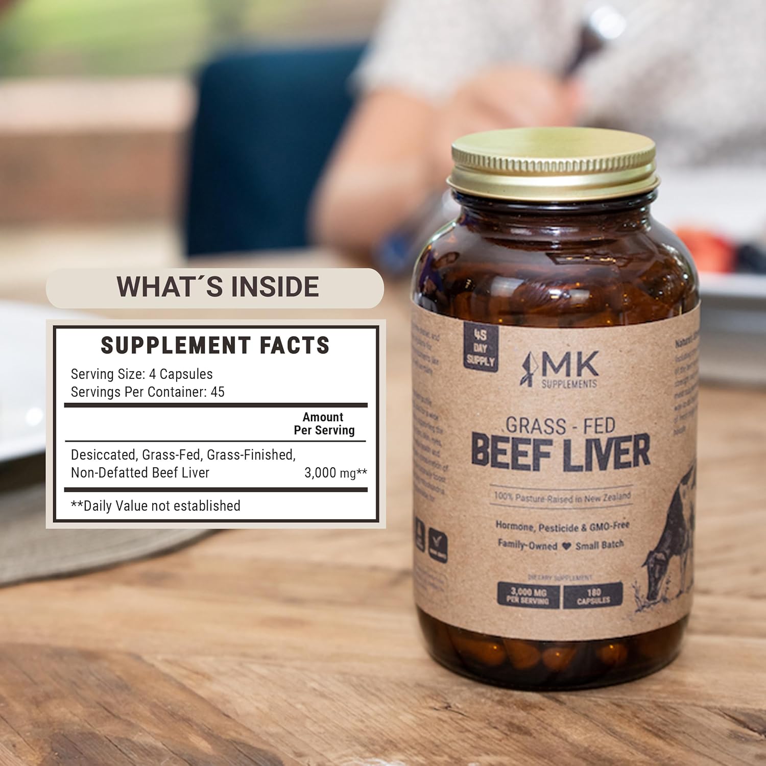 New Zealand Grass-Fed Beef Liver Capsules - 3000mg, 100% Pasture-Raised, Freeze-Dried, 180ct - MK Supplements