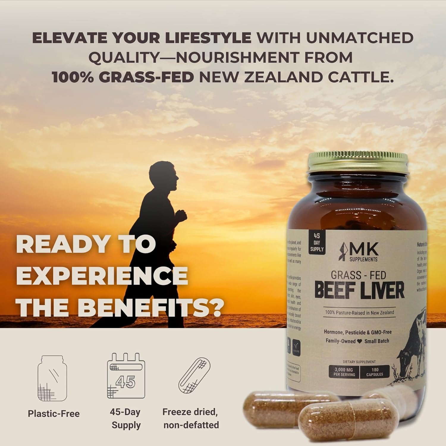 New Zealand Grass-Fed Beef Liver Capsules - 3000mg, 100% Pasture-Raised, Freeze-Dried, 180ct - MK Supplements