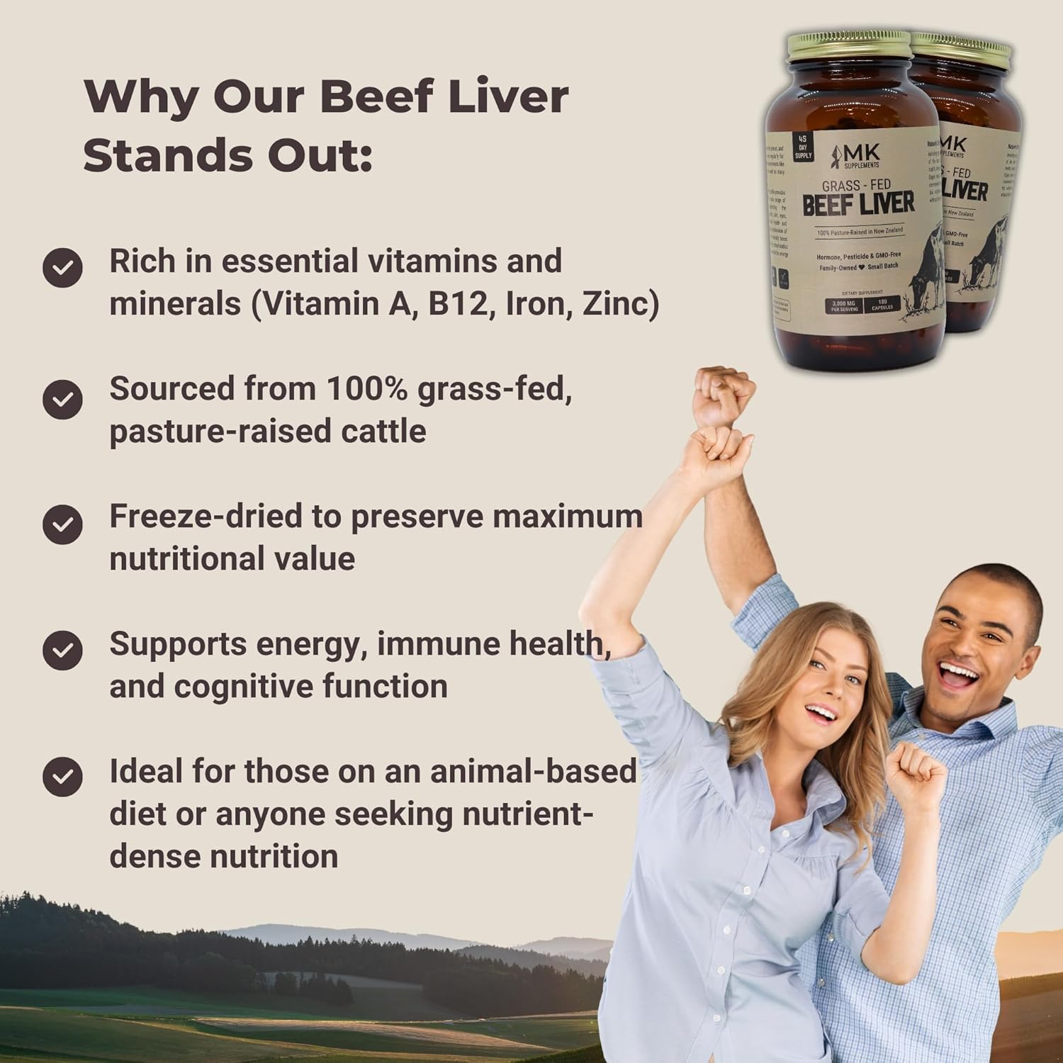 New Zealand Grass-Fed Beef Liver Capsules - 3000mg, 100% Pasture-Raised, Freeze-Dried, 180ct - MK Supplements