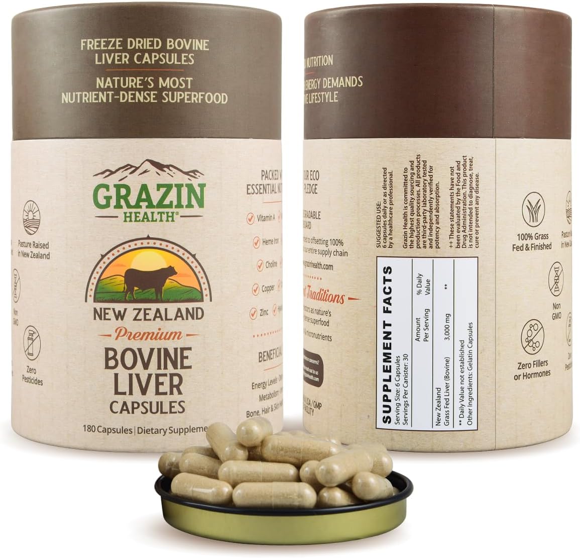 New Zealand Grass Fed Beef Liver Capsules - Freeze Dried 3000mg per Serving - 30 Servings