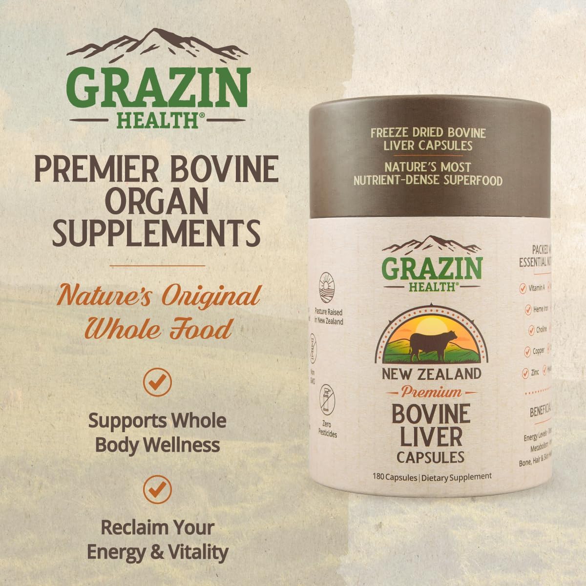 New Zealand Grass Fed Beef Liver Capsules - Freeze Dried 3000mg per Serving - 30 Servings