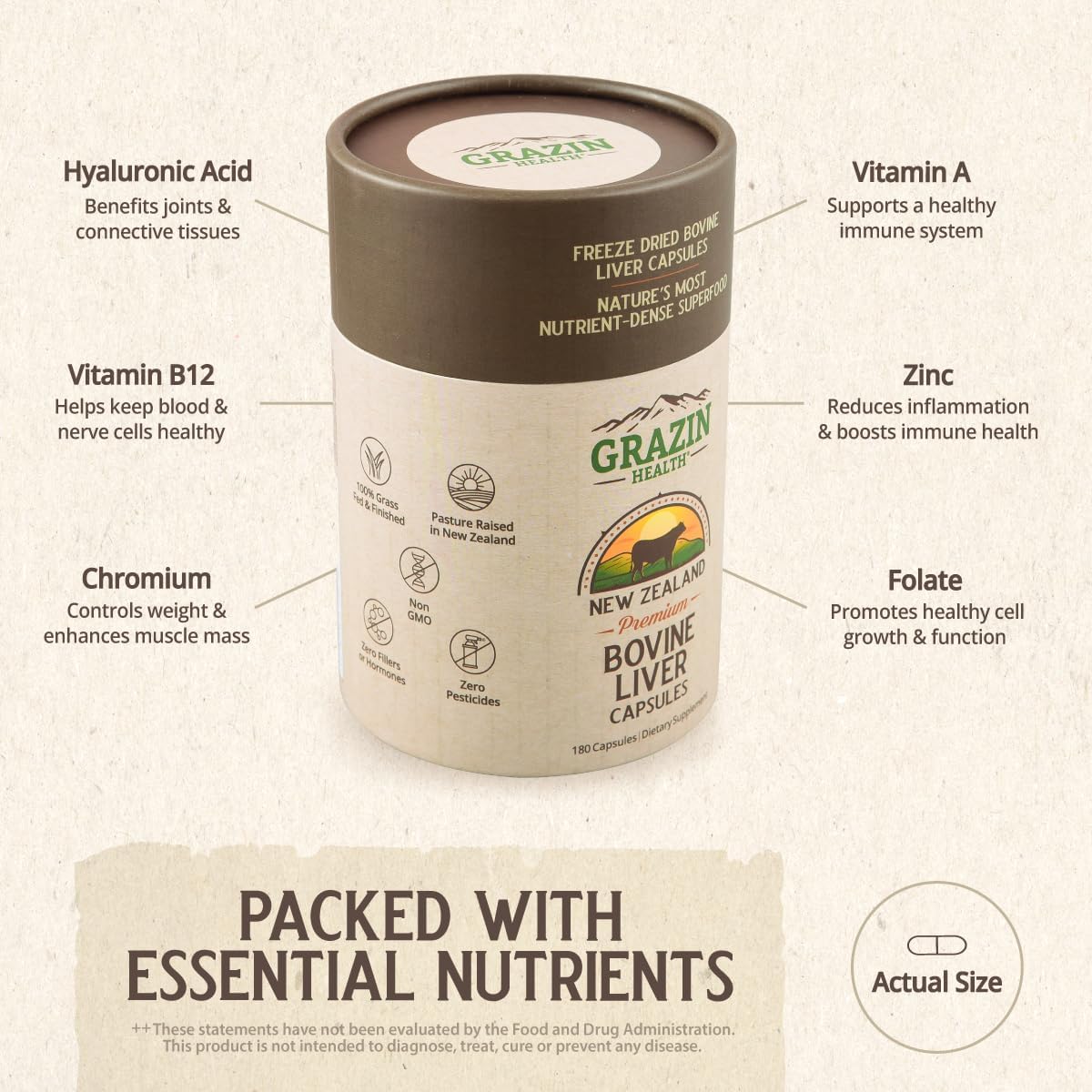 New Zealand Grass Fed Beef Liver Capsules - Freeze Dried 3000mg per Serving - 30 Servings