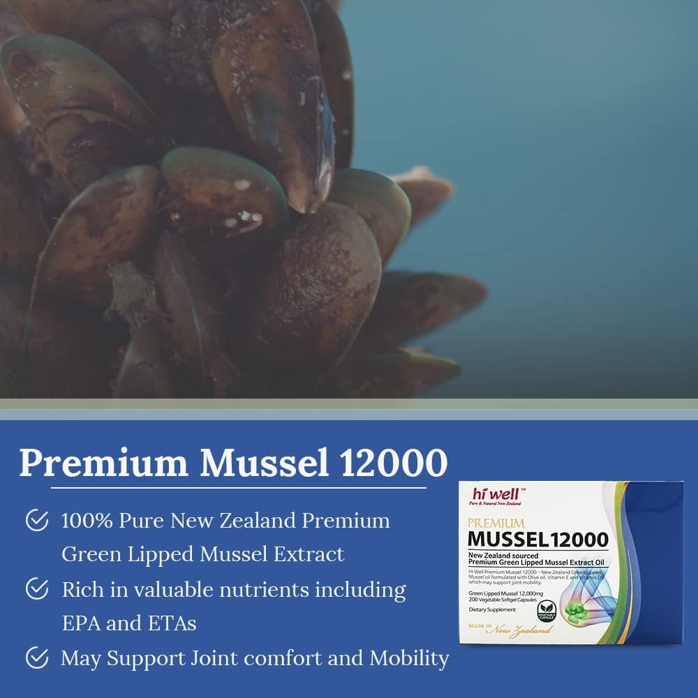 New Zealand Hi Well Premium Mussel 12000 Softgel Capsules - Natural & Pure 200 Vegetable Capsules