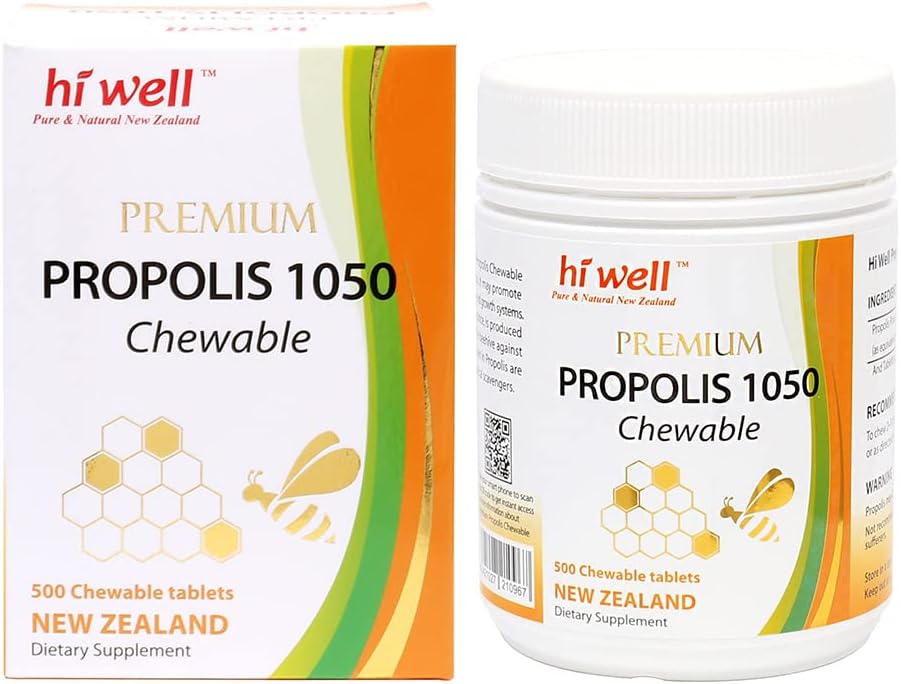 New Zealand Hi Well Premium Propolis 1050 - Natural and Pure Supplement with 500 Tablets