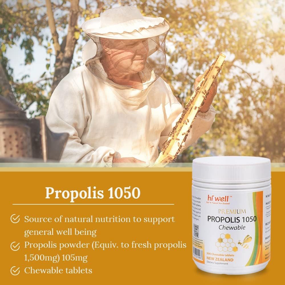 New Zealand Hi Well Premium Propolis 1050 - Natural and Pure Supplement with 500 Tablets