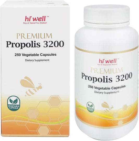 New Zealand Hi Well Premium Propolis 3200 with 96mg Flavonoid - 250VegeCapsules, Pure & Natural