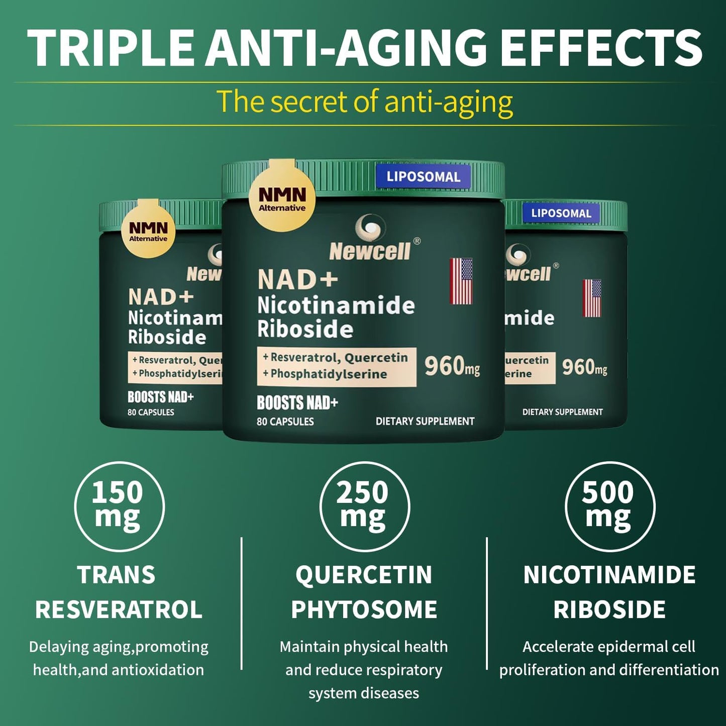 Newcell Spetime NAD+ Supplement - High Purity Energy Booster with NMN, Liposomal NR, Resveratrol, Quercetin - 80 Capsules