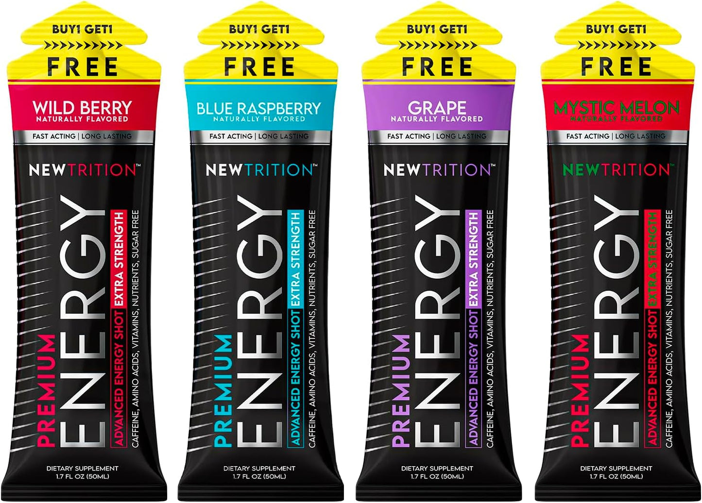 Newtrition Extra Strength Raspberry Energy Shots - 4 Count, Sugar-Free with Vitamin B & Amino Acids, 1.7 fl oz
