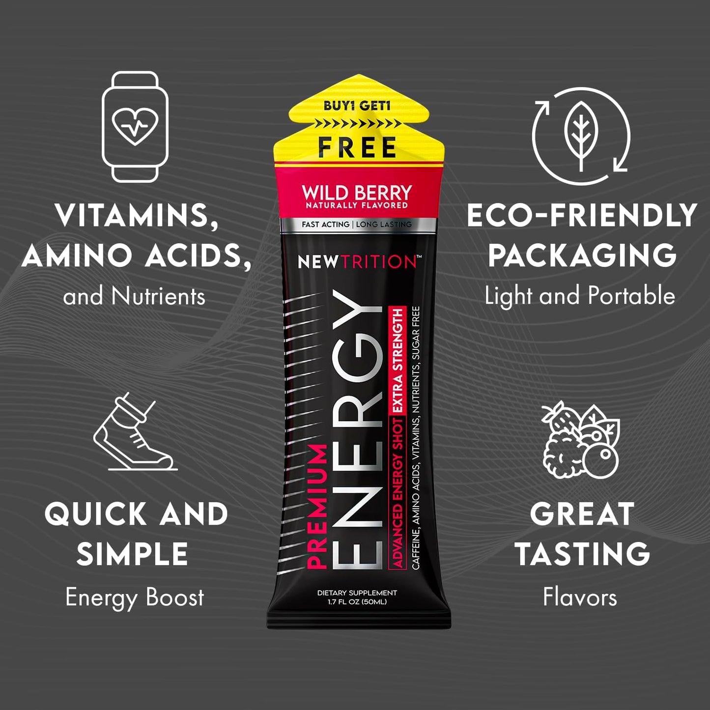 Newtrition Extra Strength Raspberry Energy Shots - 4 Count, Sugar-Free with Vitamin B & Amino Acids, 1.7 fl oz