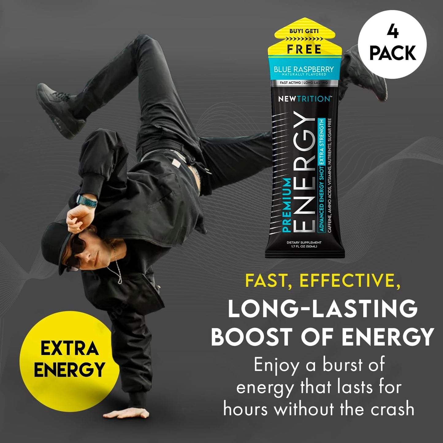 Newtrition Extra Strength Raspberry Energy Shots - 4 Count, Sugar-Free with Vitamin B & Amino Acids, 1.7 fl oz