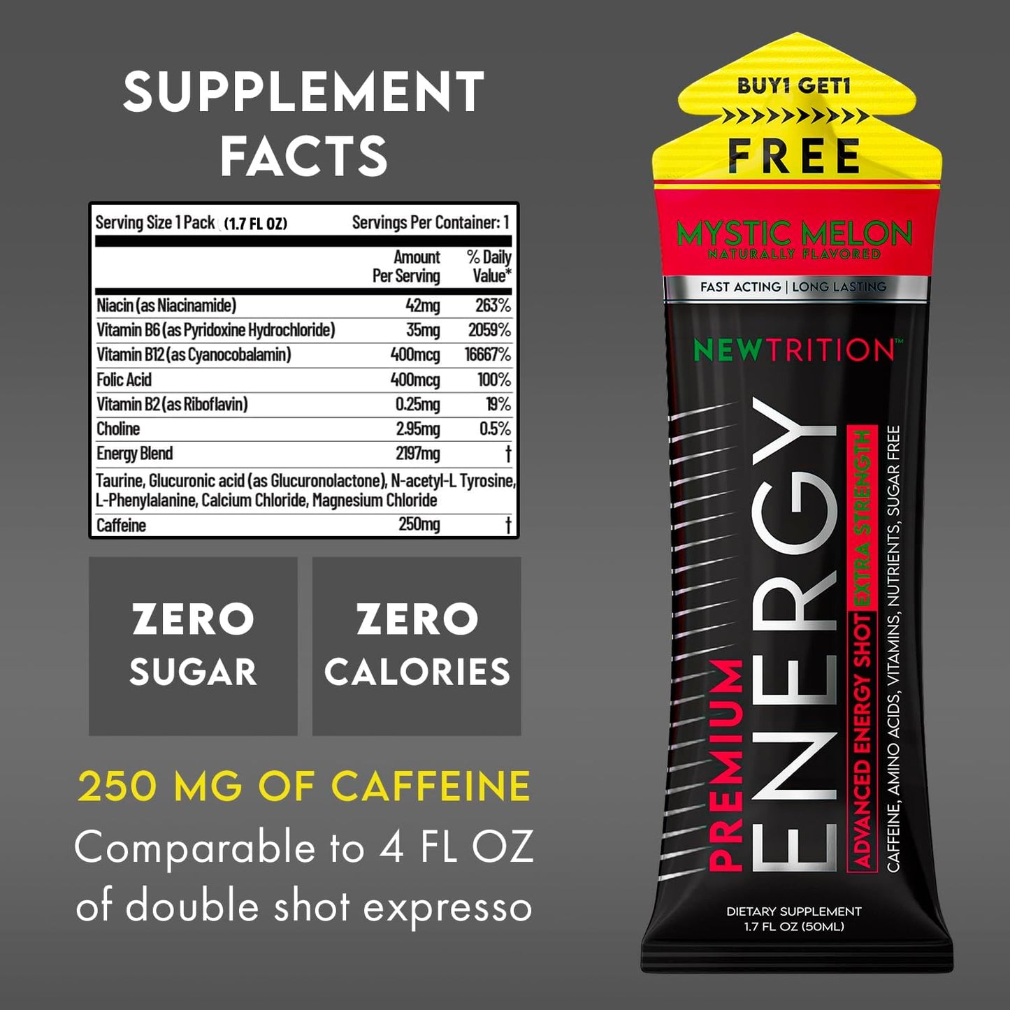 Newtrition Extra Strength Raspberry Energy Shots - 4 Count, Sugar-Free with Vitamin B & Amino Acids, 1.7 fl oz
