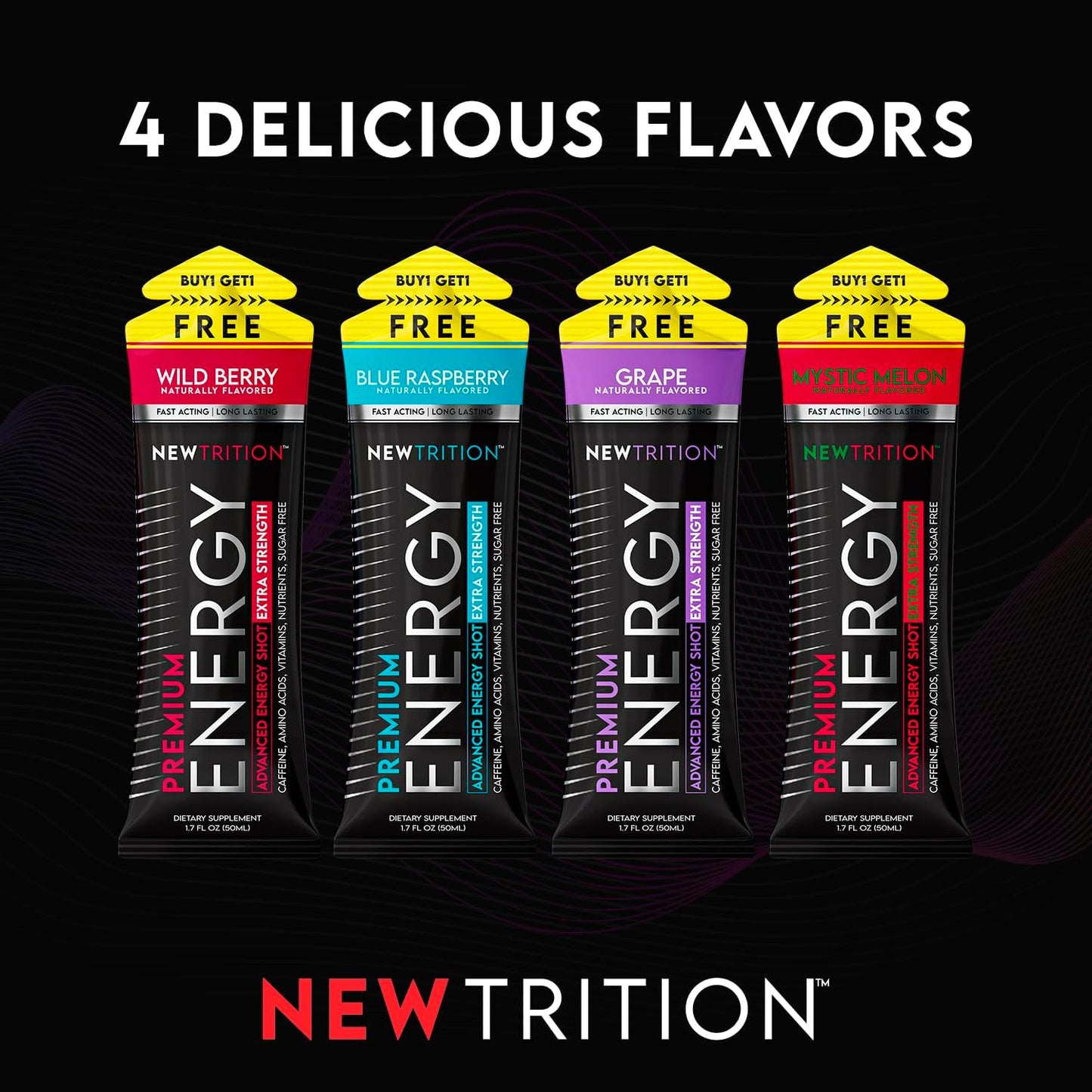 Newtrition Extra Strength Raspberry Energy Shots - 4 Count, Sugar-Free with Vitamin B & Amino Acids, 1.7 fl oz