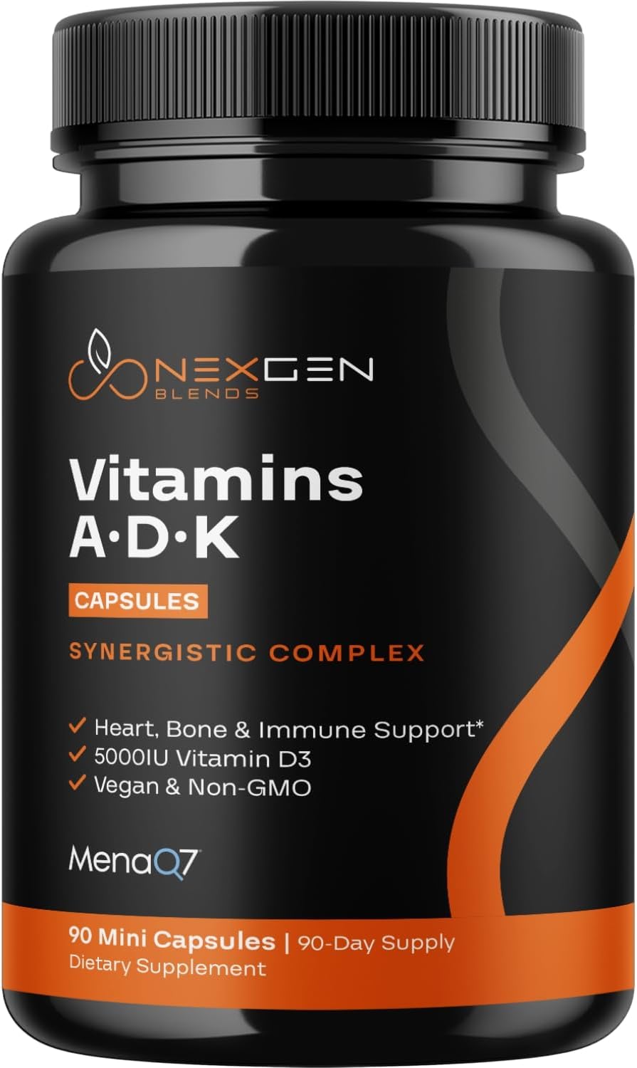 NEXGEN BLENDS High Absorption ADK Vitamin Supplement - Vegan D3 K2 MK7 & A for Bone Health - 5000IU D3 Non GMO Gluten Free - 3 Month Supply