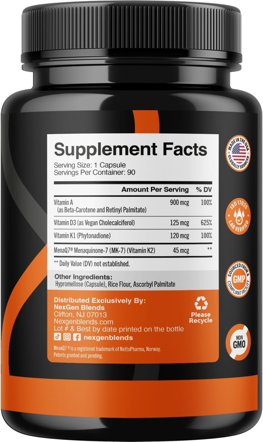 NEXGEN BLENDS High Absorption ADK Vitamin Supplement - Vegan D3 K2 MK7 & A for Bone Health - 5000IU D3 Non GMO Gluten Free - 3 Month Supply