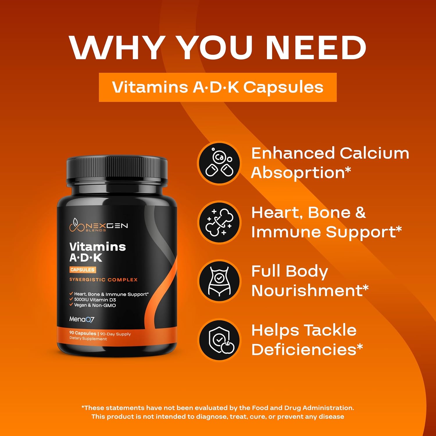 NEXGEN BLENDS High Absorption ADK Vitamin Supplement - Vegan D3 K2 MK7 & A for Bone Health - 5000IU D3 Non GMO Gluten Free - 3 Month Supply