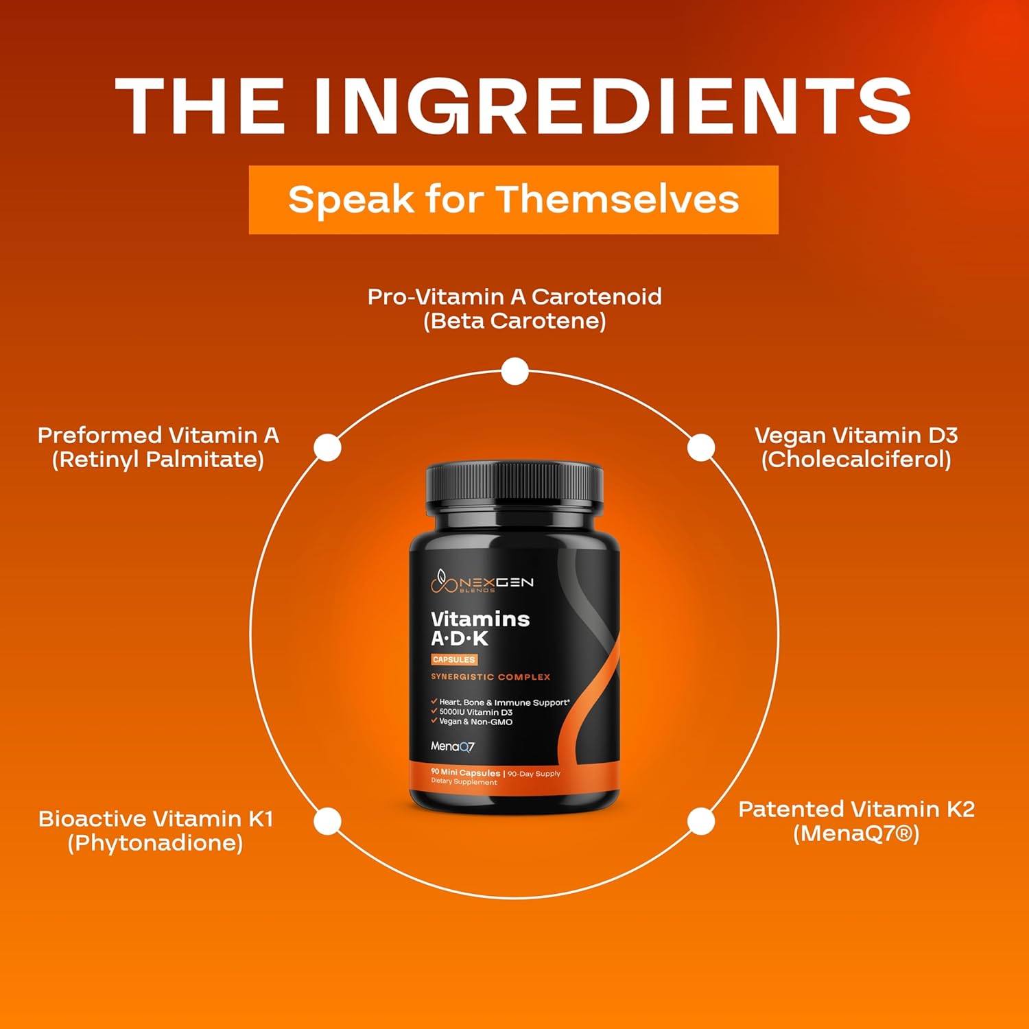 NEXGEN BLENDS High Absorption ADK Vitamin Supplement - Vegan D3 K2 MK7 & A for Bone Health - 5000IU D3 Non GMO Gluten Free - 3 Month Supply