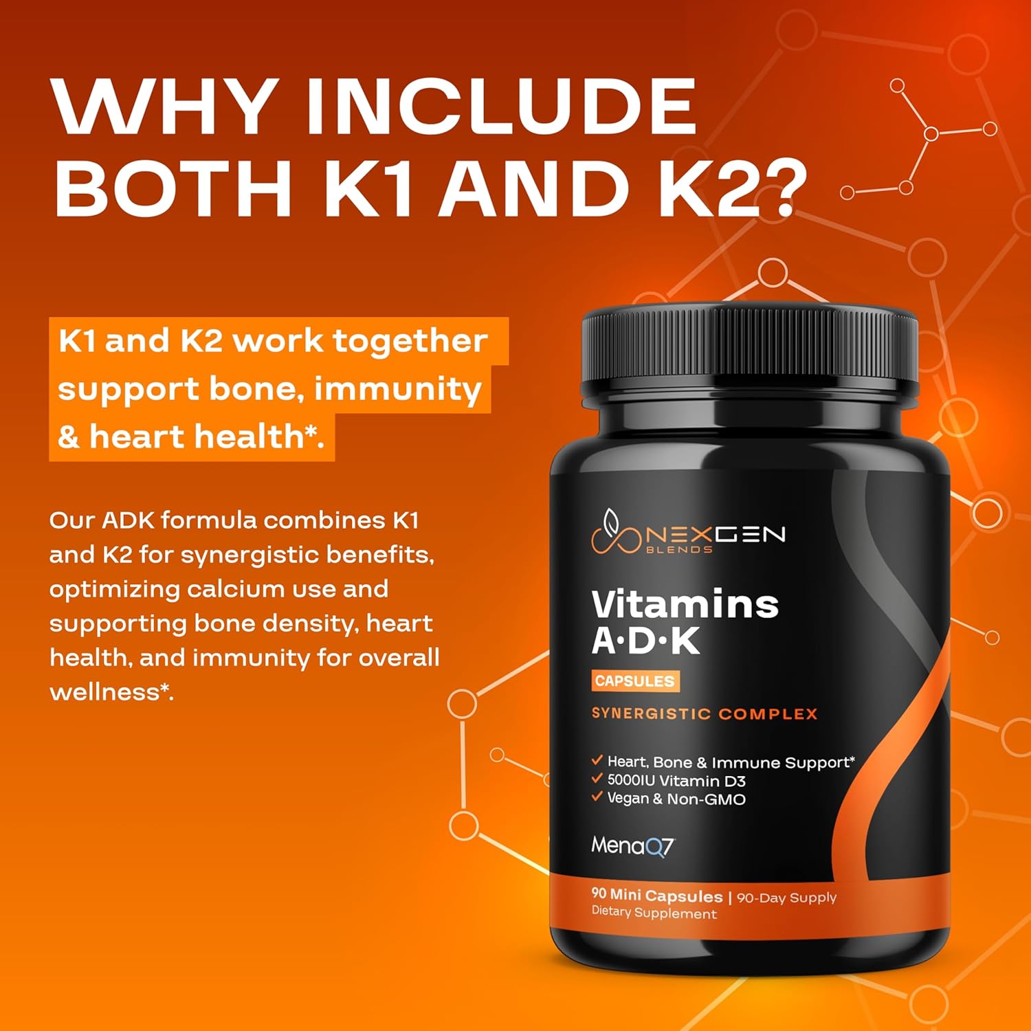 NEXGEN BLENDS High Absorption ADK Vitamin Supplement - Vegan D3 K2 MK7 & A for Bone Health - 5000IU D3 Non GMO Gluten Free - 3 Month Supply