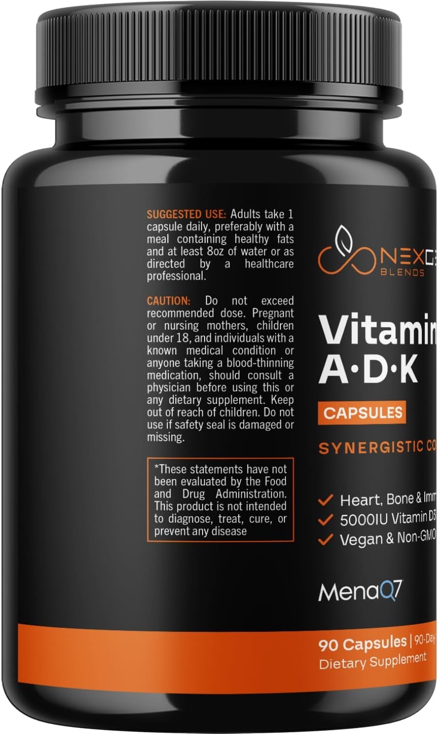 NEXGEN BLENDS High Absorption ADK Vitamin Supplement - Vegan D3 K2 MK7 & A for Bone Health - 5000IU D3 Non GMO Gluten Free - 3 Month Supply